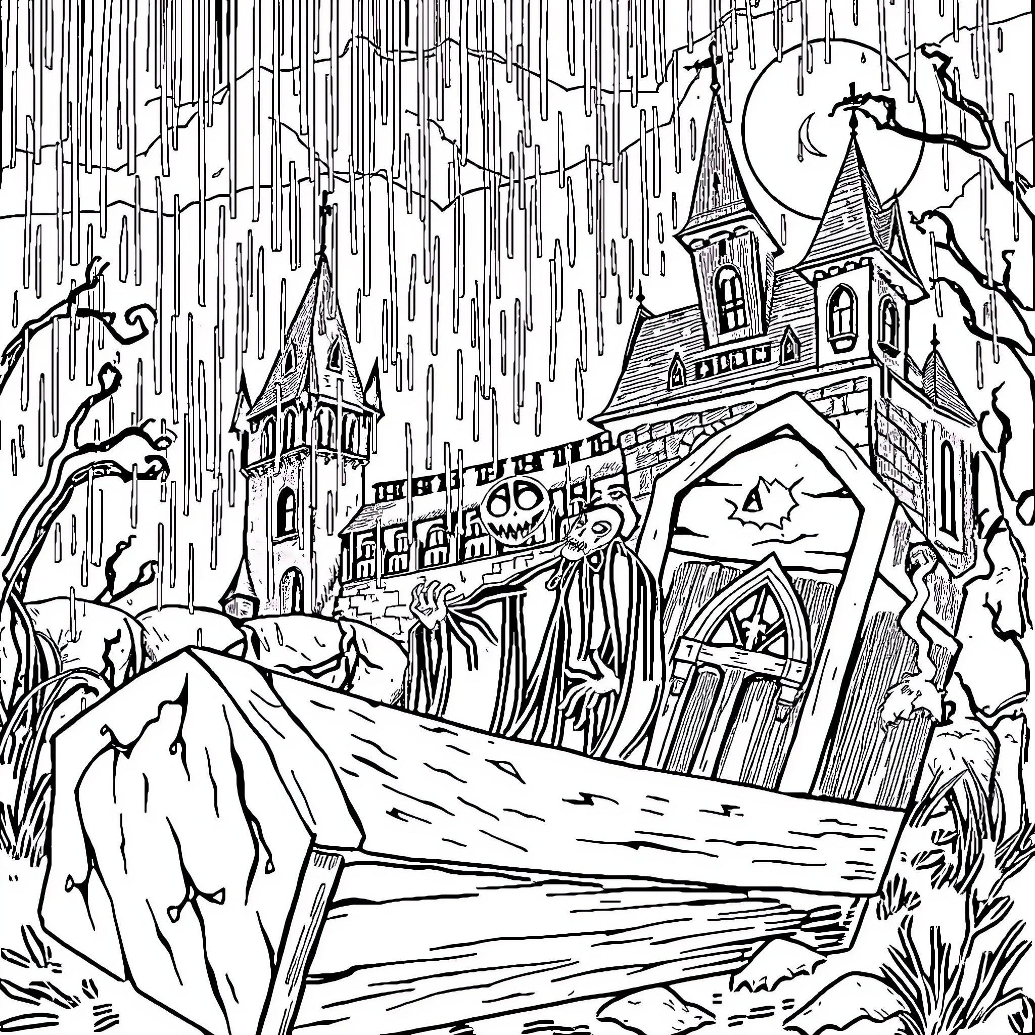 Vampire Castle Under Stormy Night Sky Coloring Page (free black-and-white line drawing printable PDF for all, from beginners to advanced learners, including children, teens, adults, and seniors)