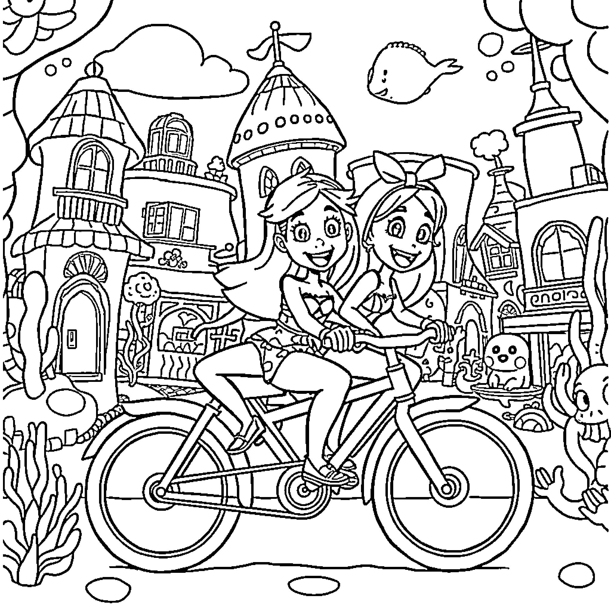 Bike ride through a whimsical town Coloring Page (free black-and-white line drawing printable PDF for all, from beginners to advanced learners, including children, teens, adults, and seniors)