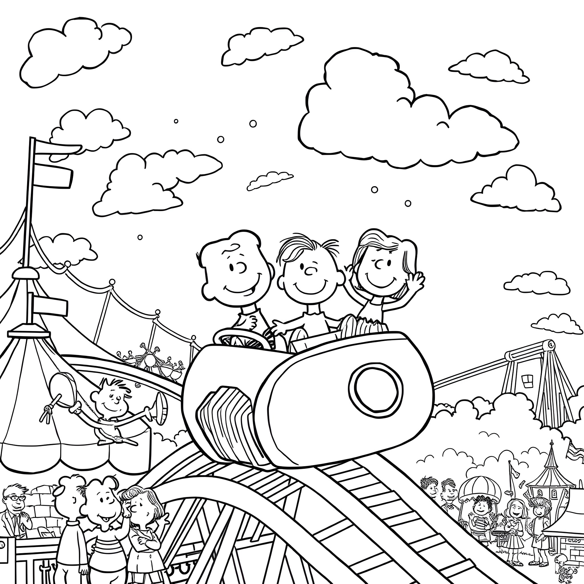Peanuts enjoying a fun ride at the amusement park Coloring Page (free black-and-white line drawing printable PDF for all, from beginners to advanced learners, including children, teens, adults, and seniors)