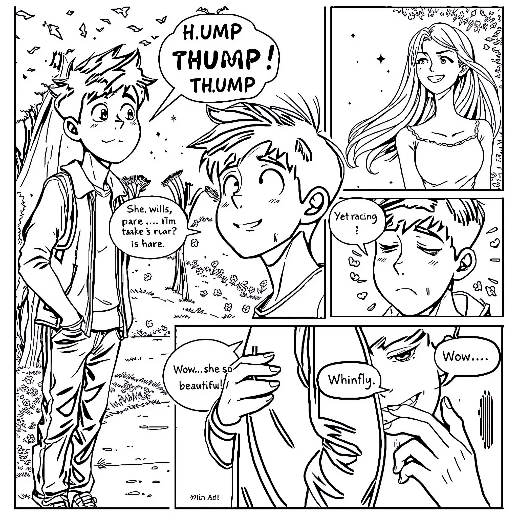 Boy's Humorous Reaction to a Beautiful Woman Coloring Page (free black-and-white line drawing printable PDF for all, from beginners to advanced learners, including children, teens, adults, and seniors)