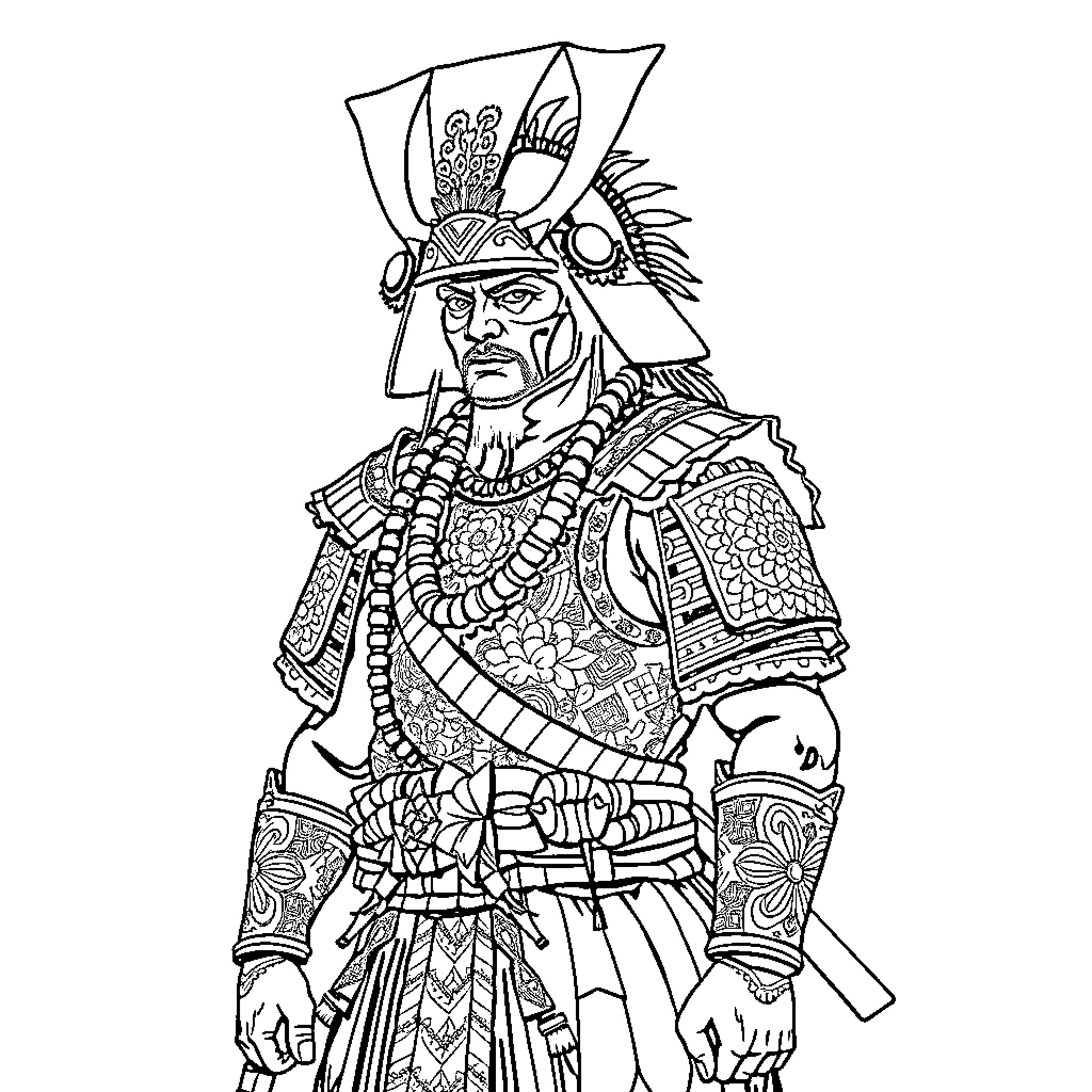 Warrior in Ornate Ceremonial Attire Coloring Page (free black-and-white line drawing printable PDF for all, from beginners to advanced learners, including children, teens, adults, and seniors)