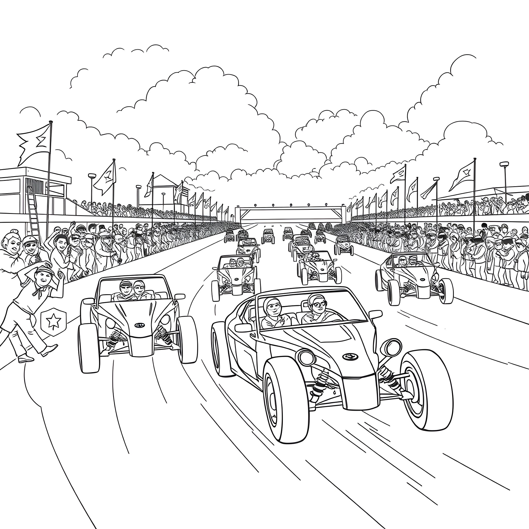 Flag-waving crowd cheers on speeding race cars Coloring Page (free black-and-white line drawing printable PDF for all, from beginners to advanced learners, including children, teens, adults, and seniors)