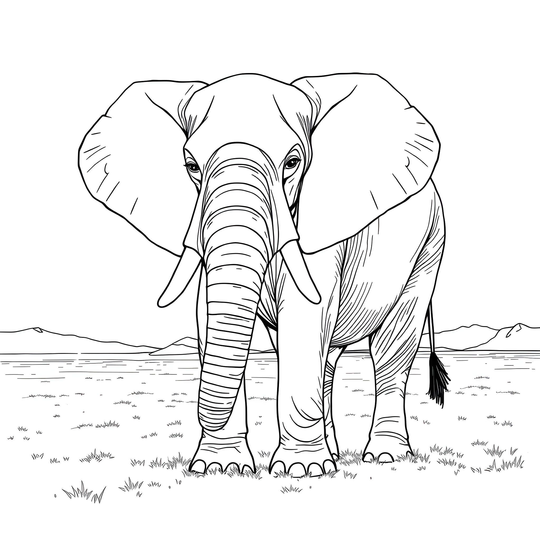 Elephant standing tall in the wild Coloring Page (free black-and-white line drawing printable PDF for all, from beginners to advanced learners, including children, teens, adults, and seniors)