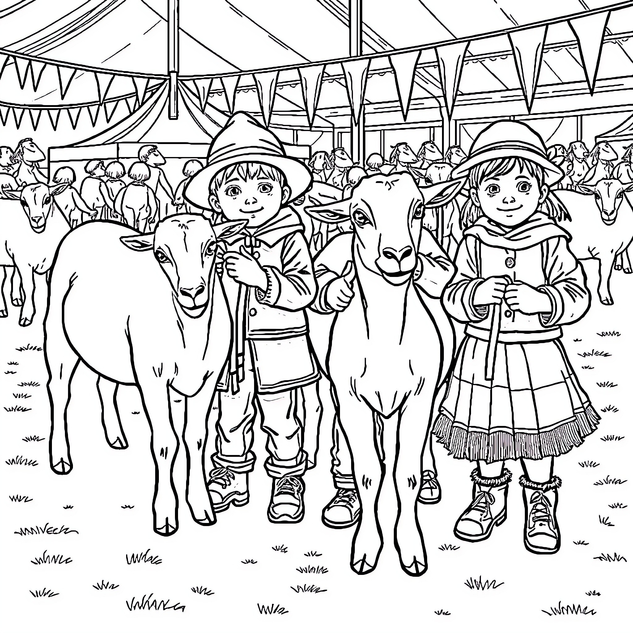 Child enjoying festival with animals and friends Coloring Page (free black-and-white line drawing printable PDF for all, from beginners to advanced learners, including children, teens, adults, and seniors)