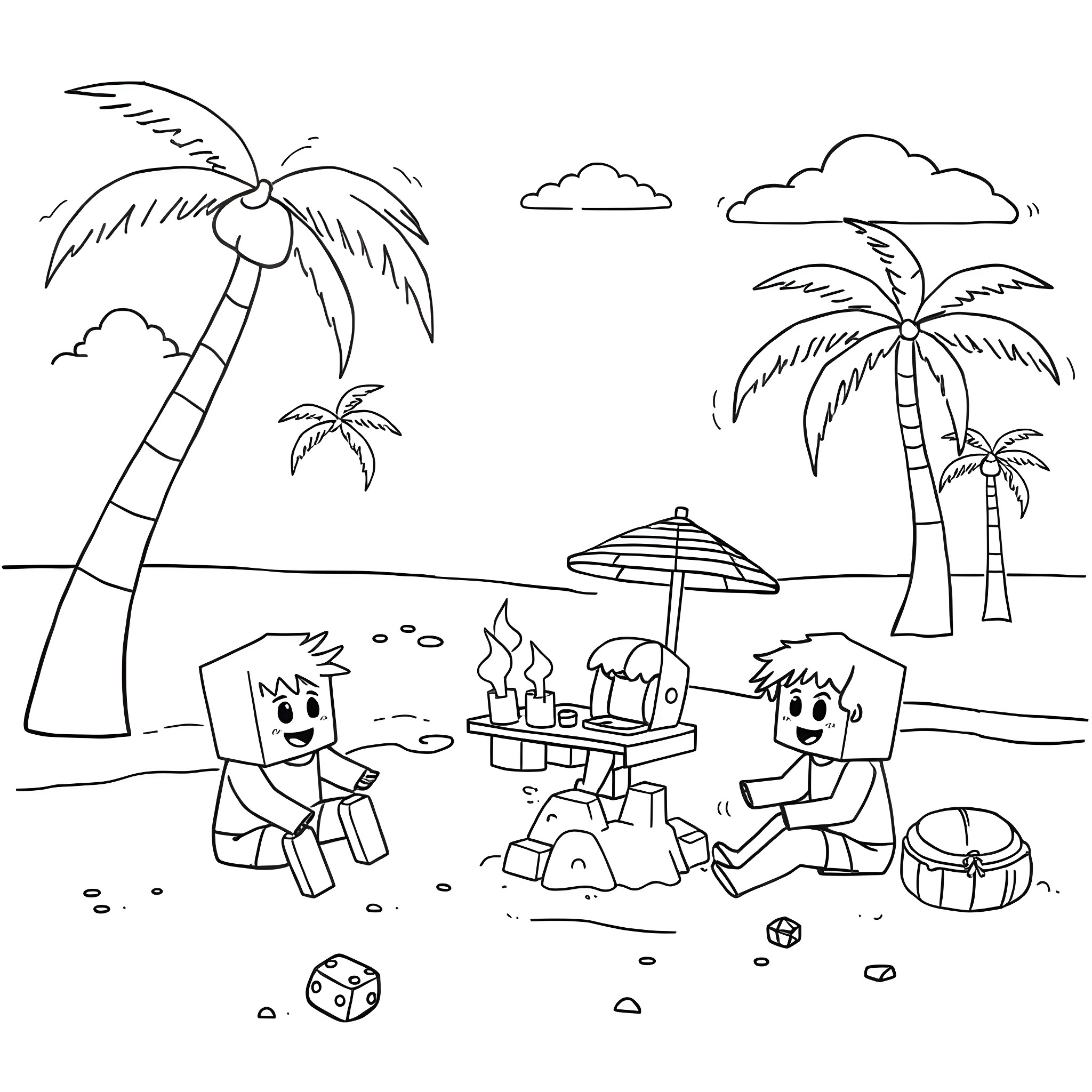 Mindcraft characters enjoying a beach day Coloring Page (free black-and-white line drawing printable PDF for all, from beginners to advanced learners, including children, teens, adults, and seniors)