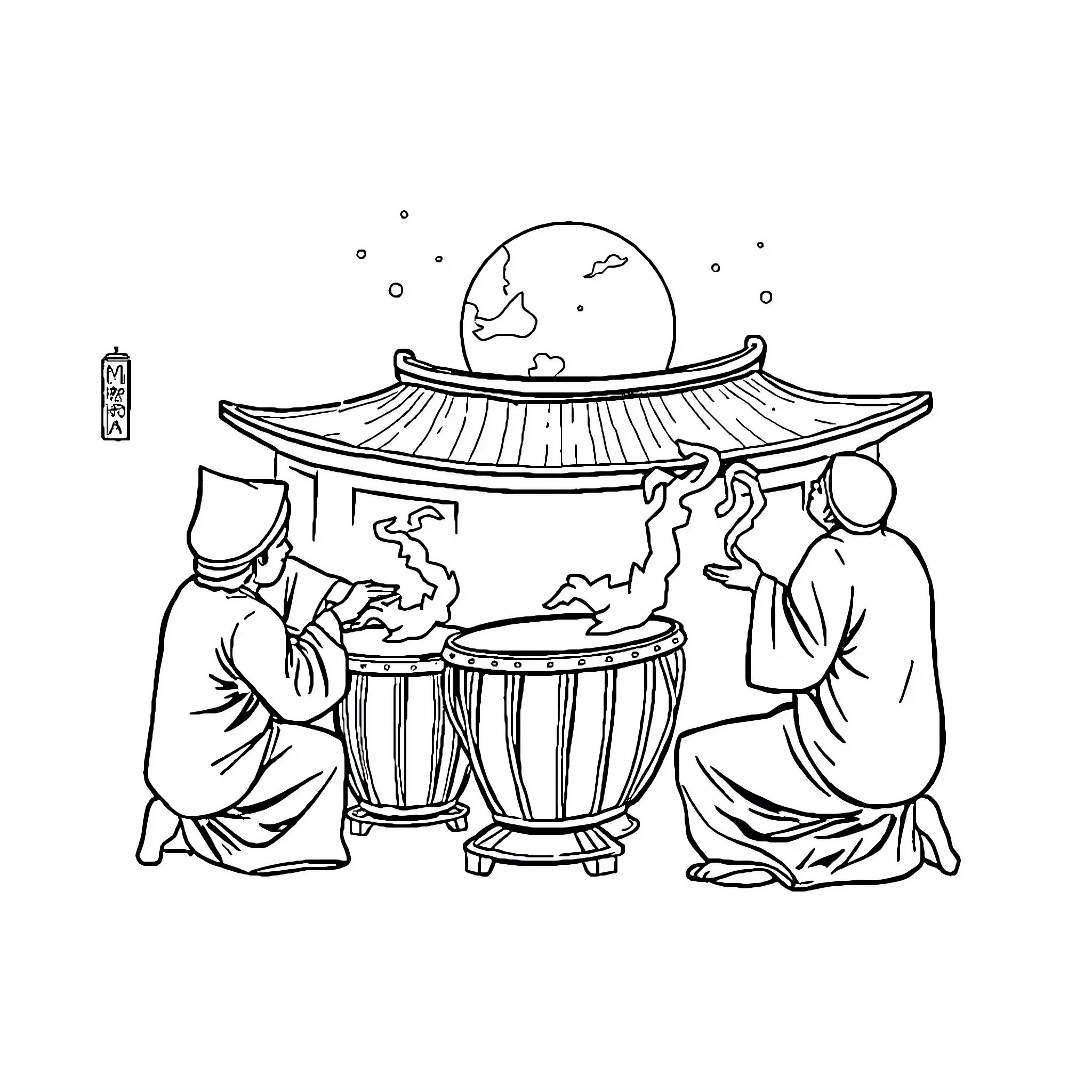 Tung Drumming Performance under Pavilion Coloring Page (free black-and-white line drawing printable PDF for all, from beginners to advanced learners, including children, teens, adults, and seniors)