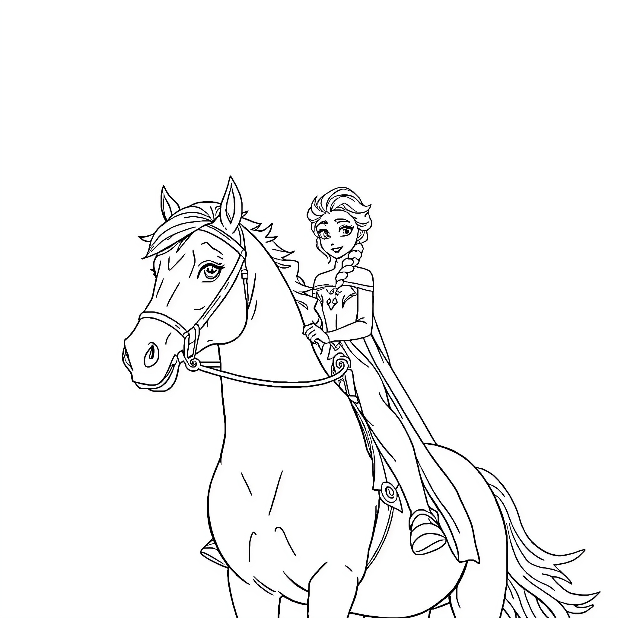 Elsa riding a majestic horse in a graceful pose Coloring Page (free black-and-white line drawing printable PDF for all, from beginners to advanced learners, including children, teens, adults, and seniors)