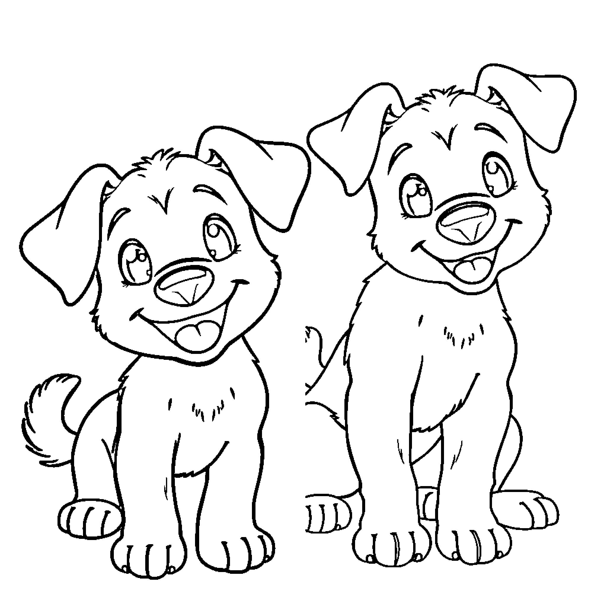 Puppy friends playing together happily Coloring Page (free black-and-white line drawing printable PDF for all, from beginners to advanced learners, including children, teens, adults, and seniors)