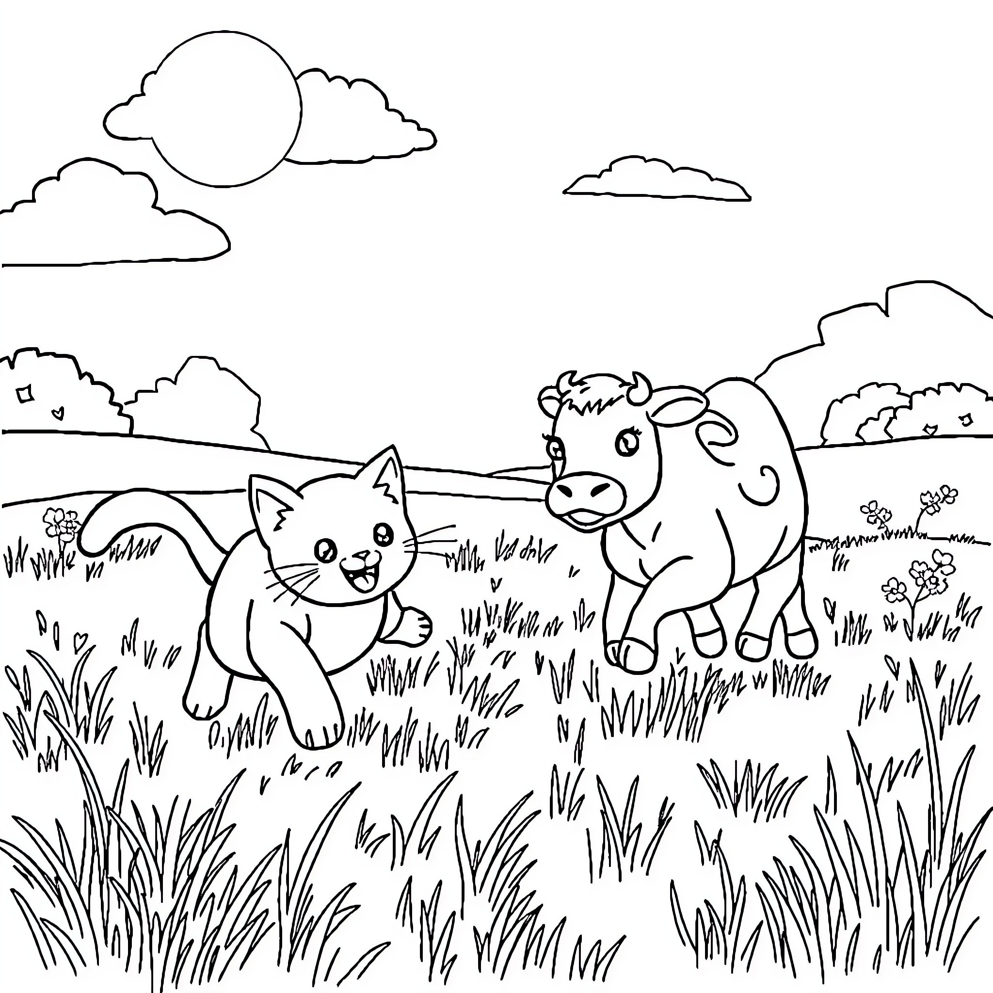 Cat and Cow Enjoy Sunny Day Outdoors Coloring Page (free black-and-white line drawing printable PDF for all, from beginners to advanced learners, including children, teens, adults, and seniors)