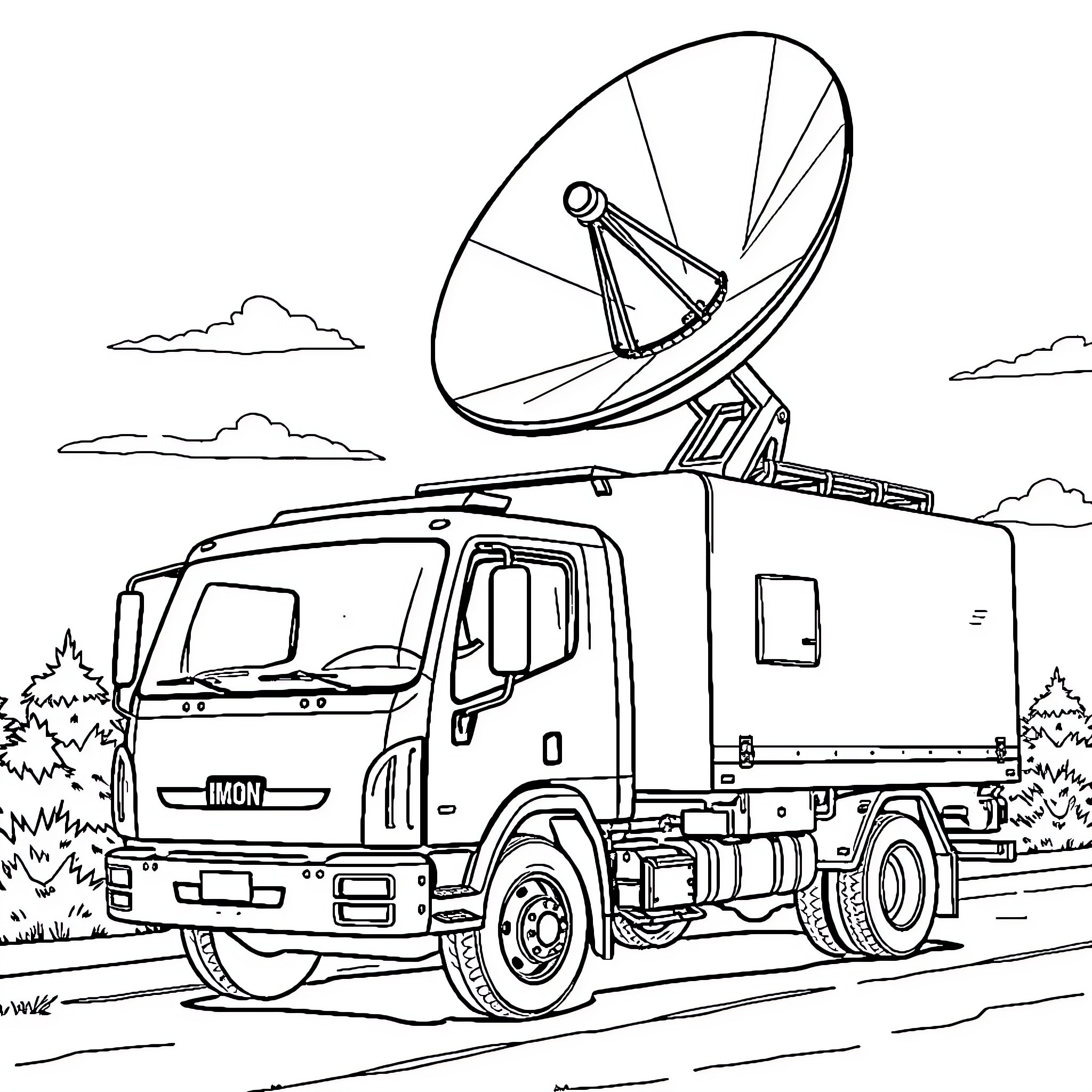 Truck with satellite dish navigating through landscape Coloring Page (free black-and-white line drawing printable PDF for all, from beginners to advanced learners, including children, teens, adults, and seniors)