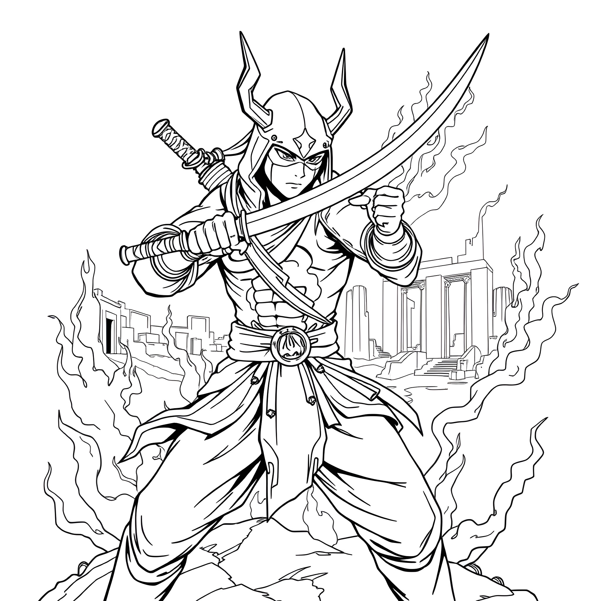 Scorpion Warrior Wielding Sword in Fiery Cityscape Coloring Page (free black-and-white line drawing printable PDF for all, from beginners to advanced learners, including children, teens, adults, and seniors)