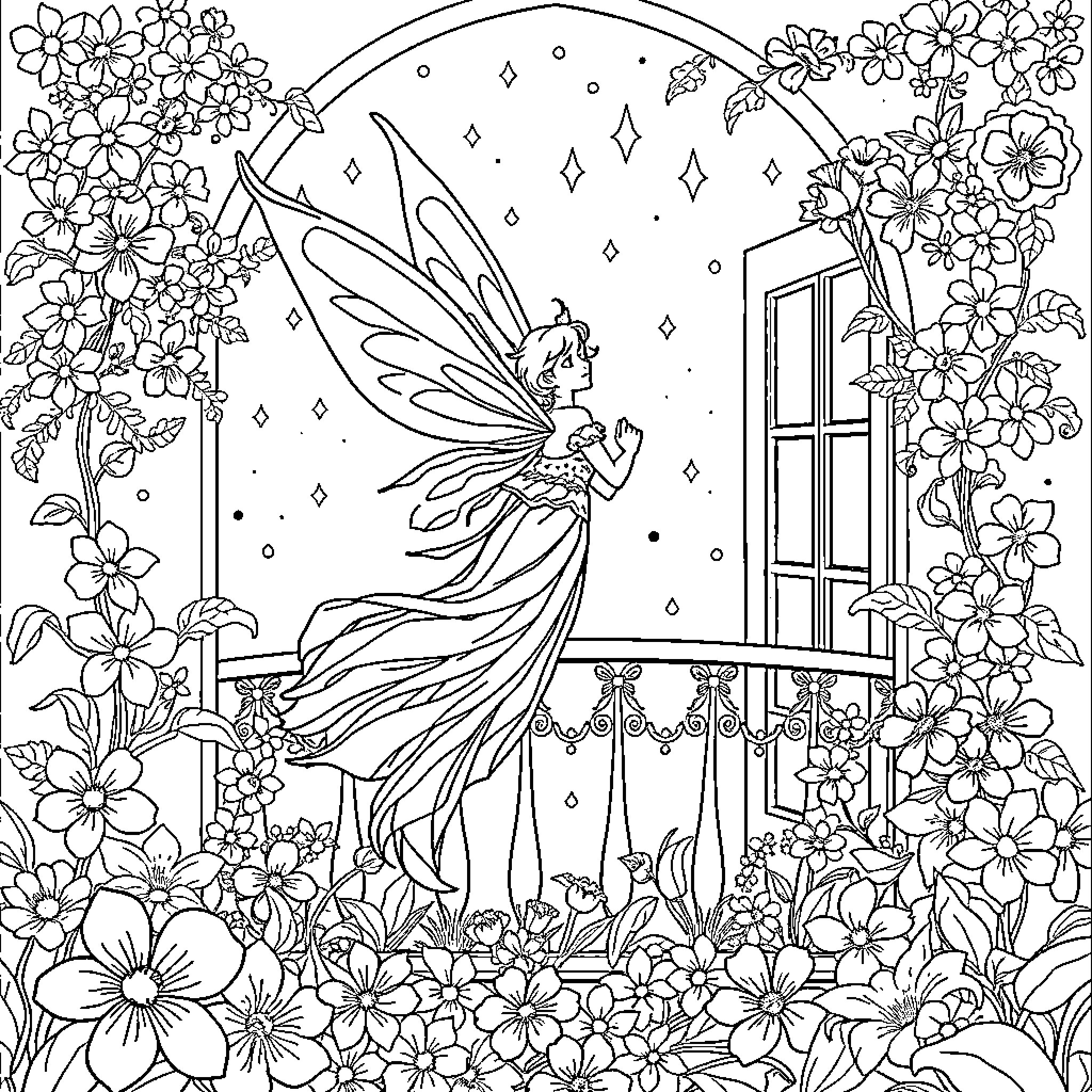 Fairy in a Floral Garden of Wonder Coloring Page (free black-and-white line drawing printable PDF for all, from beginners to advanced learners, including children, teens, adults, and seniors)