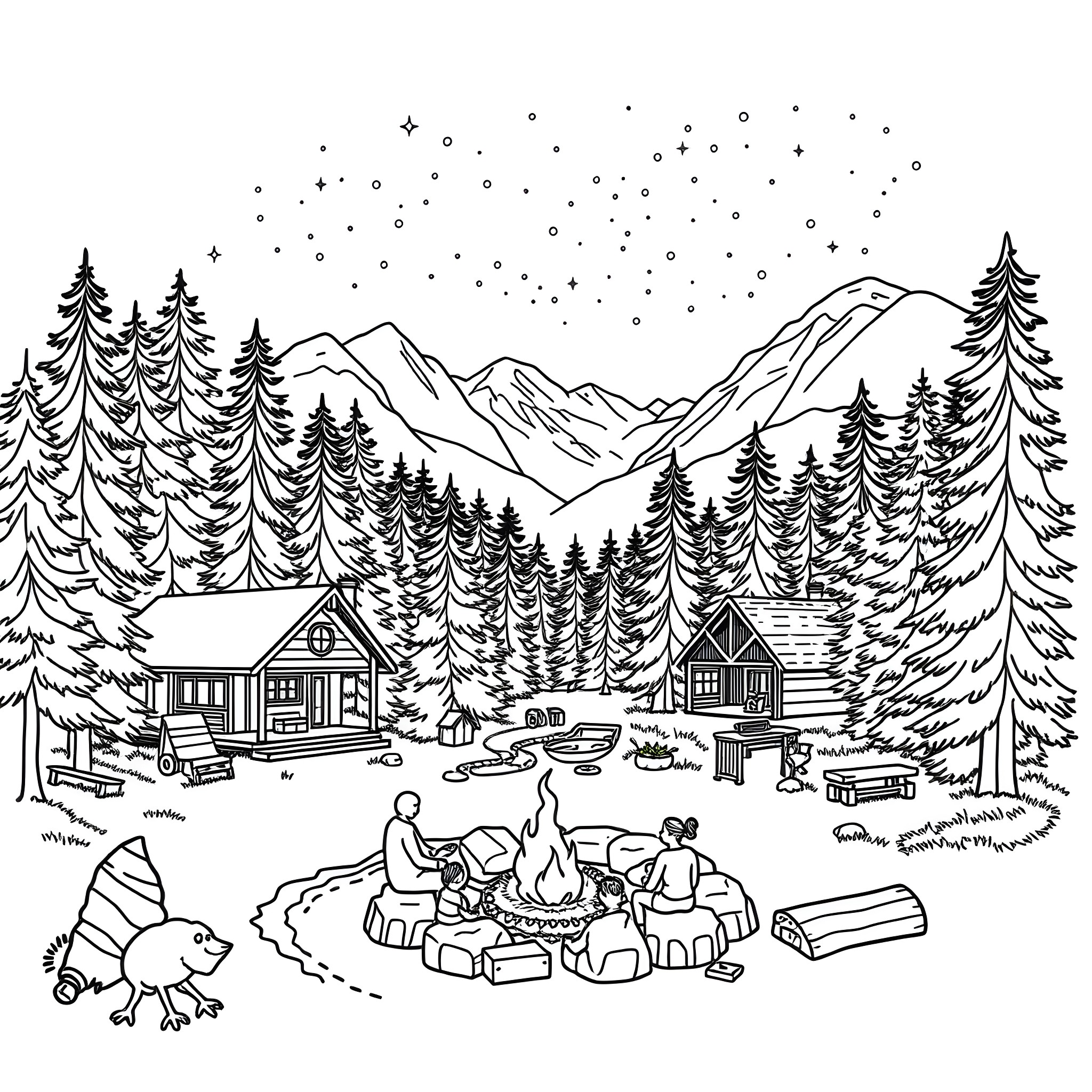 Camp Surrounded by Snowy Mountains and Evergreen Trees Coloring Page (free black-and-white line drawing printable PDF for all, from beginners to advanced learners, including children, teens, adults, and seniors)