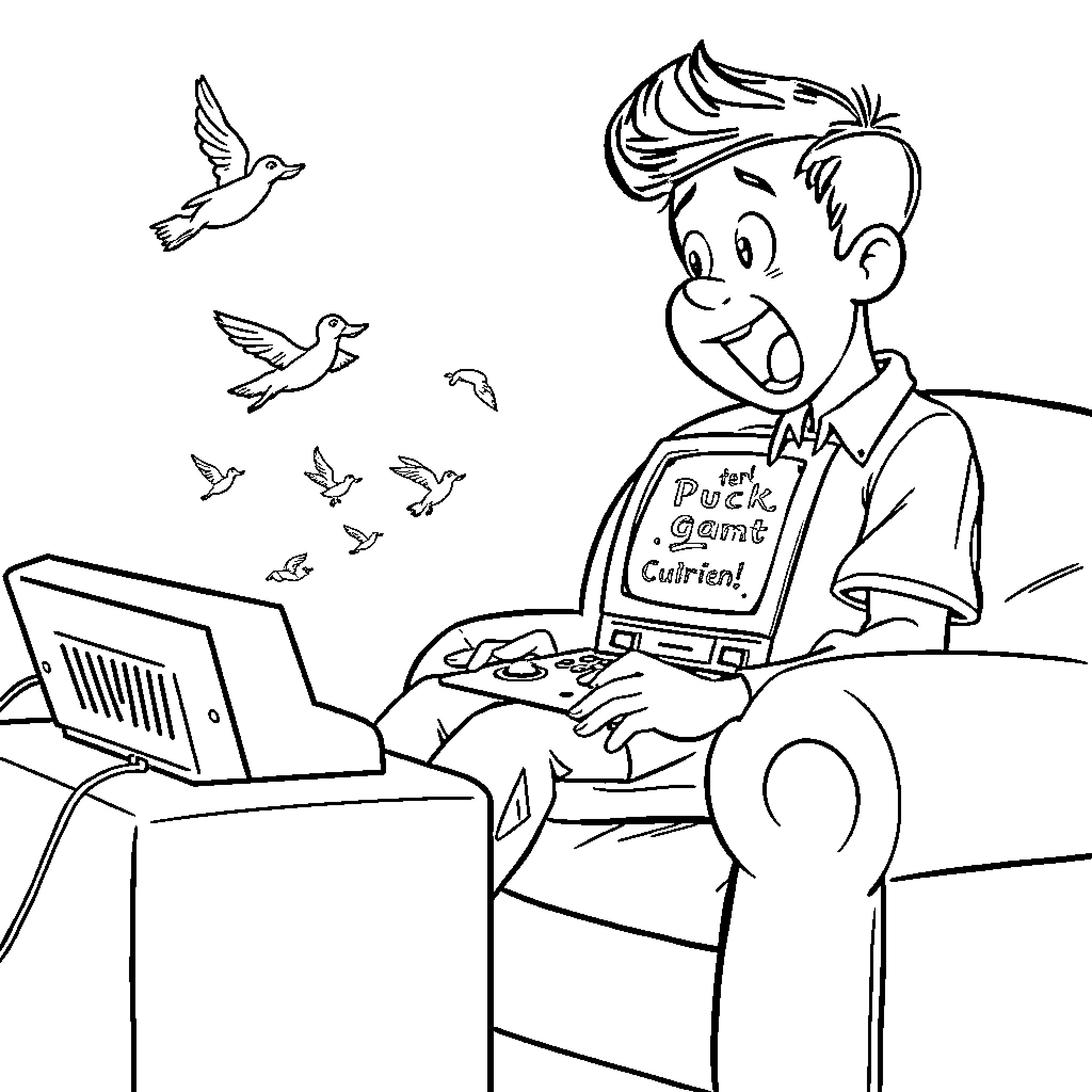 Charlie Kirk playing video games with laptop and birds Coloring Page (free black-and-white line drawing printable PDF for all, from beginners to advanced learners, including children, teens, adults, and seniors)