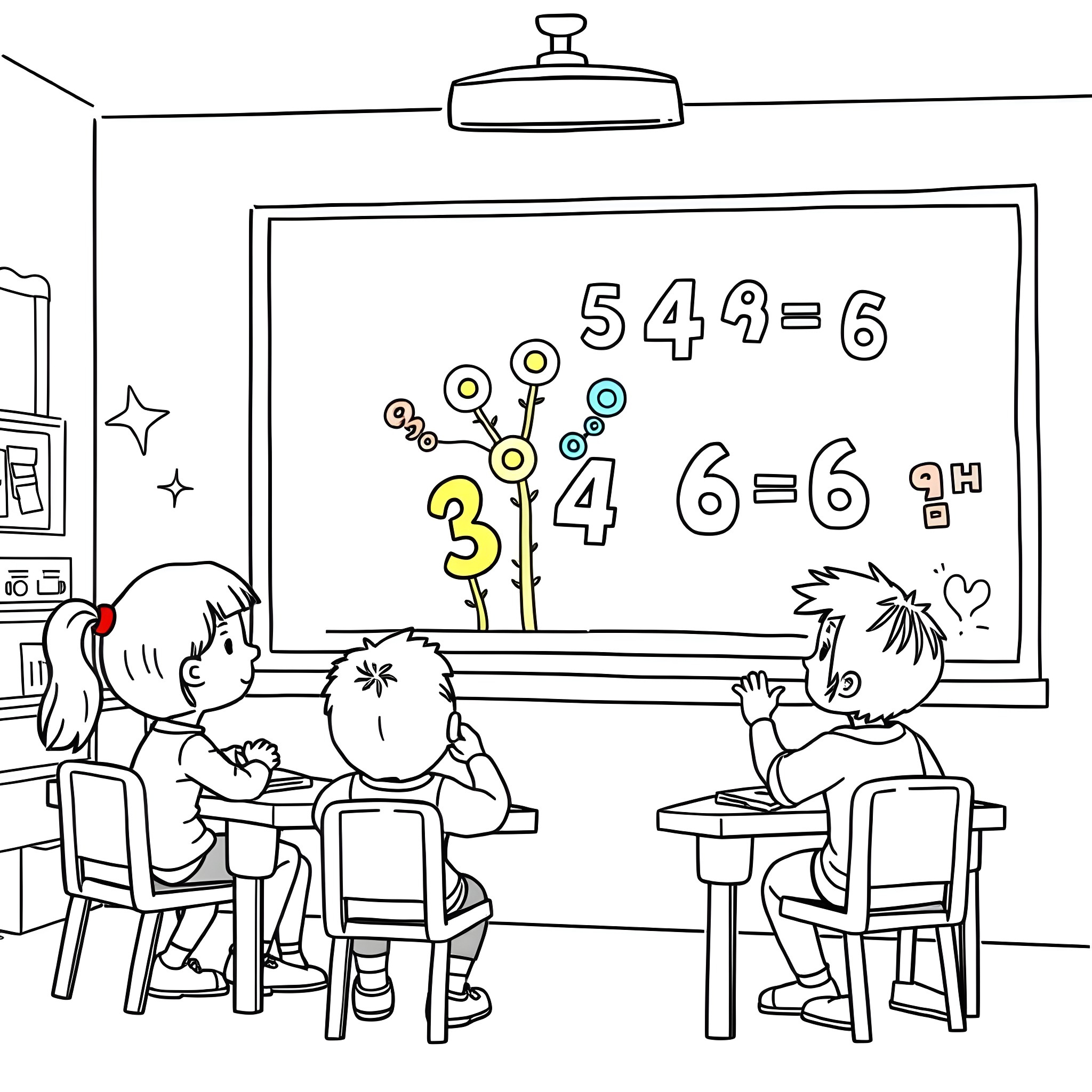 Addition lesson with students in classroom Coloring Page (free black-and-white line drawing printable PDF for all, from beginners to advanced learners, including children, teens, adults, and seniors)