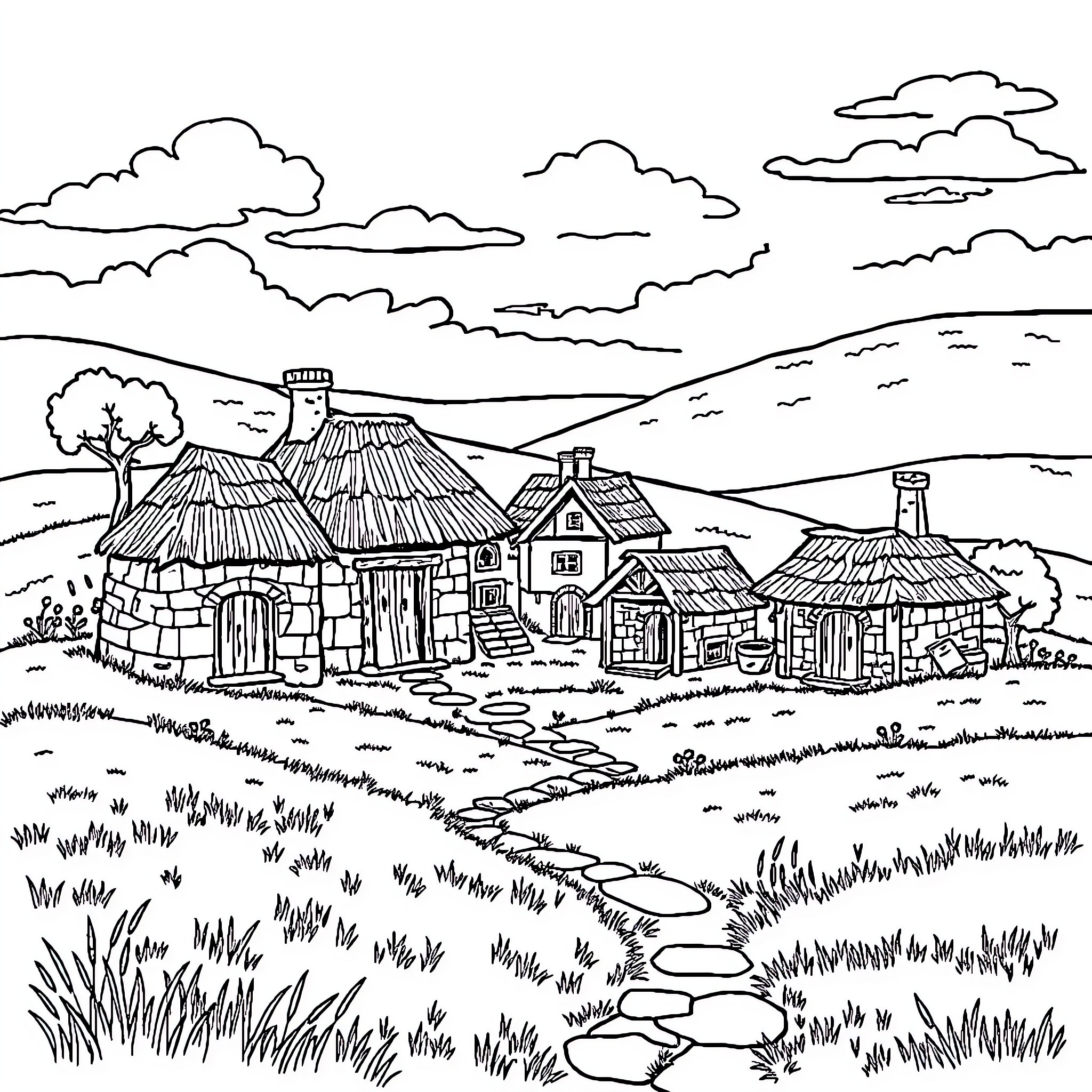 Neolithic Village with Thatched Huts and Tranquil Landscape Coloring Page (free black-and-white line drawing printable PDF for all, from beginners to advanced learners, including children, teens, adults, and seniors)
