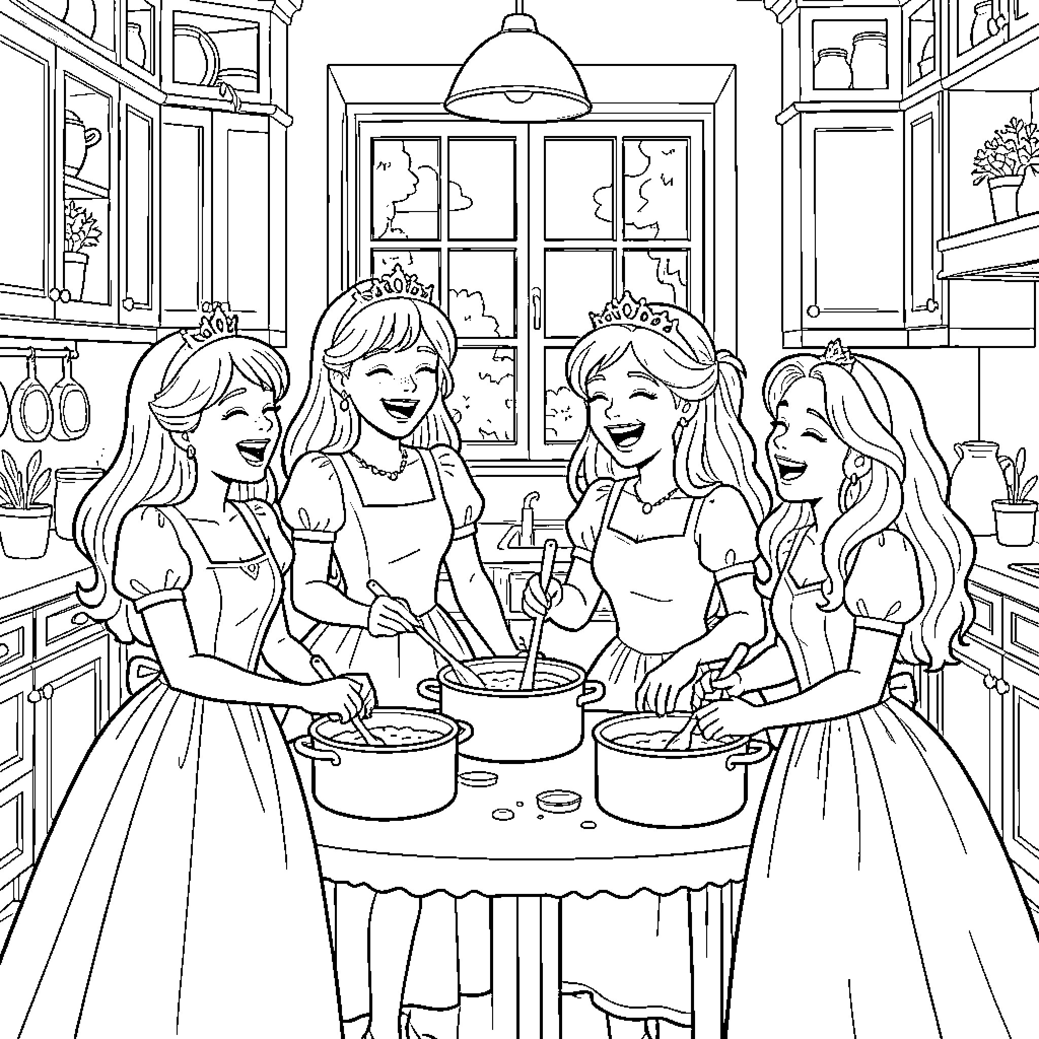 Princesses Laughing and Cooking Together in Kitchen Coloring Page (free black-and-white line drawing printable PDF for all, from beginners to advanced learners, including children, teens, adults, and seniors)