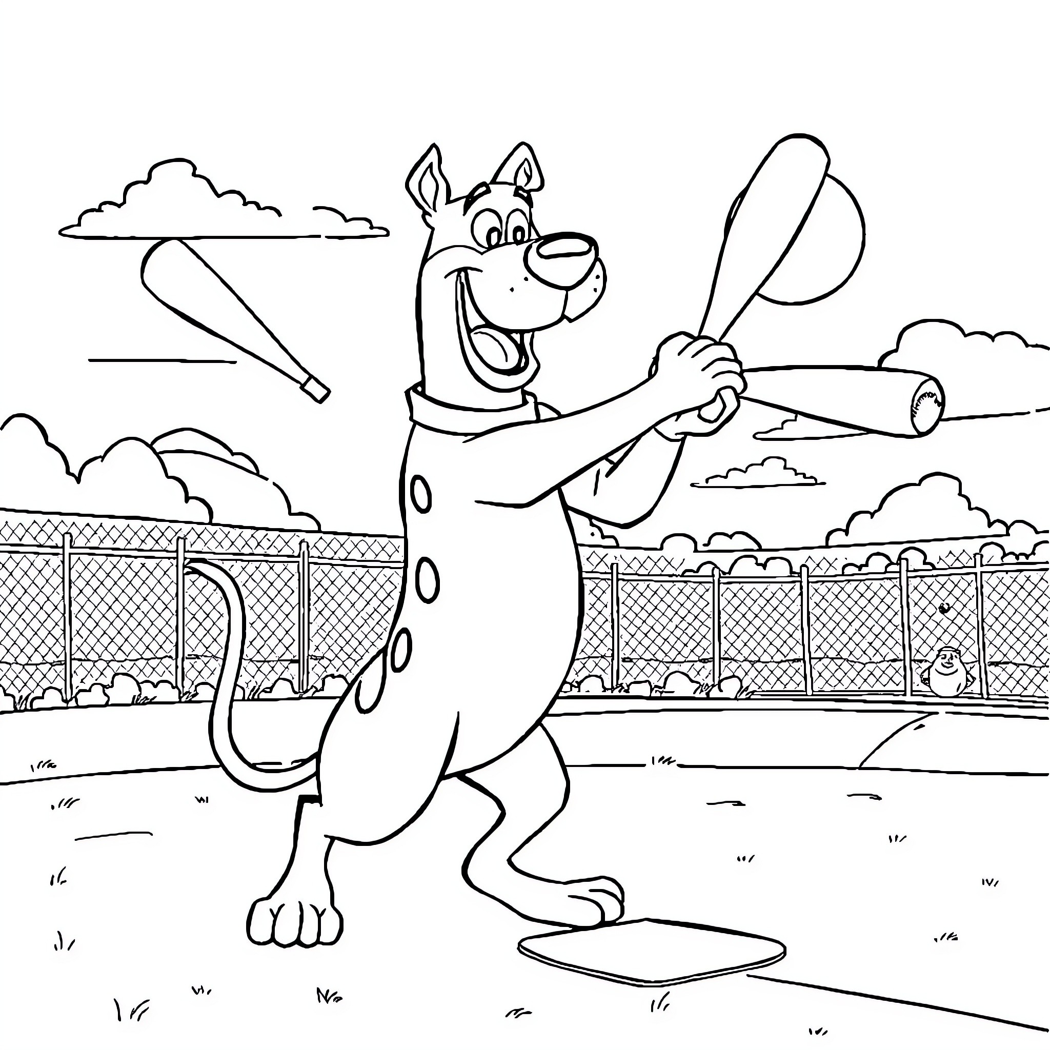 Scooby Doo playing baseball on the field Coloring Page (free black-and-white line drawing printable PDF for all, from beginners to advanced learners, including children, teens, adults, and seniors)