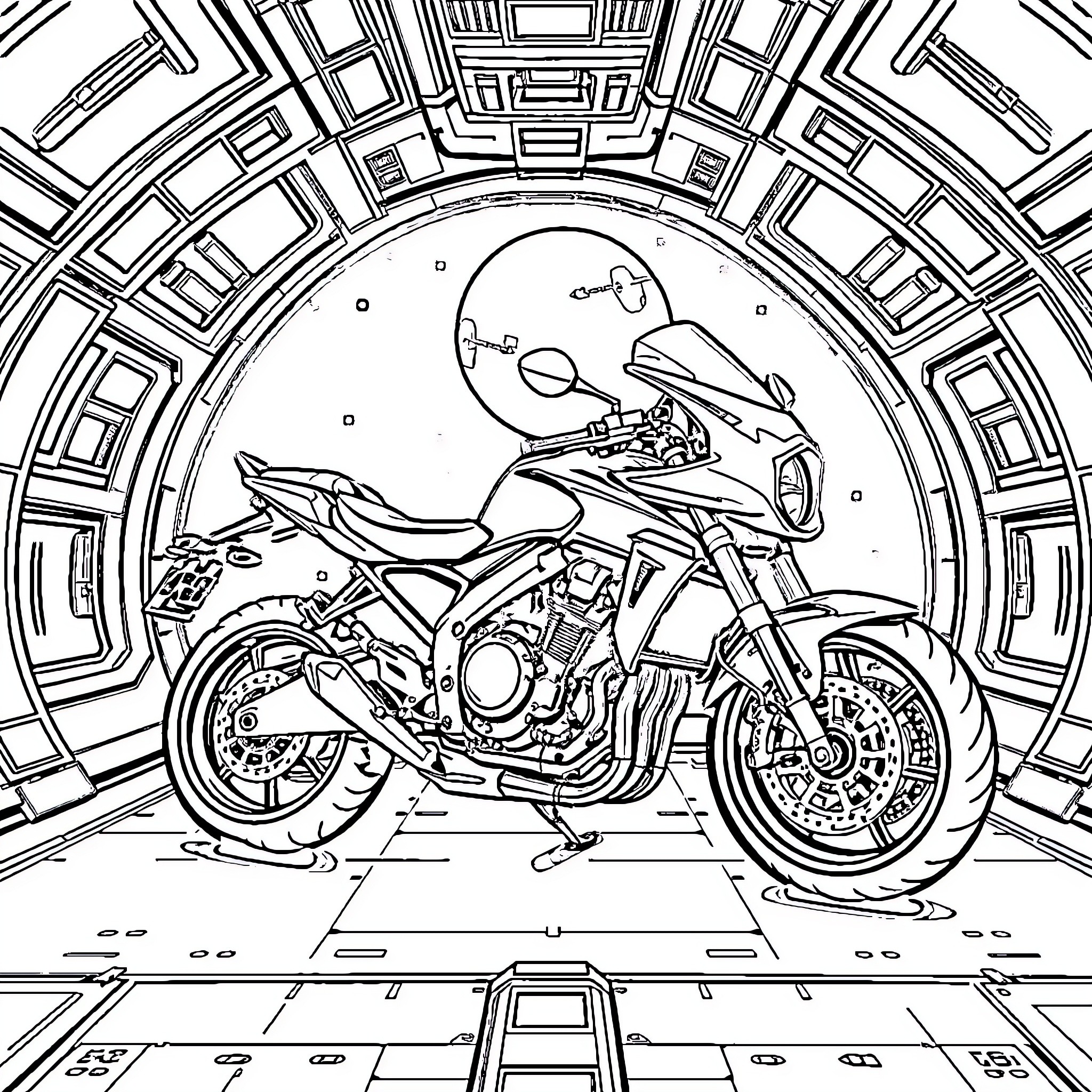 Motorcycle speeding through futuristic tunnel Coloring Page (free black-and-white line drawing printable PDF for all, from beginners to advanced learners, including children, teens, adults, and seniors)