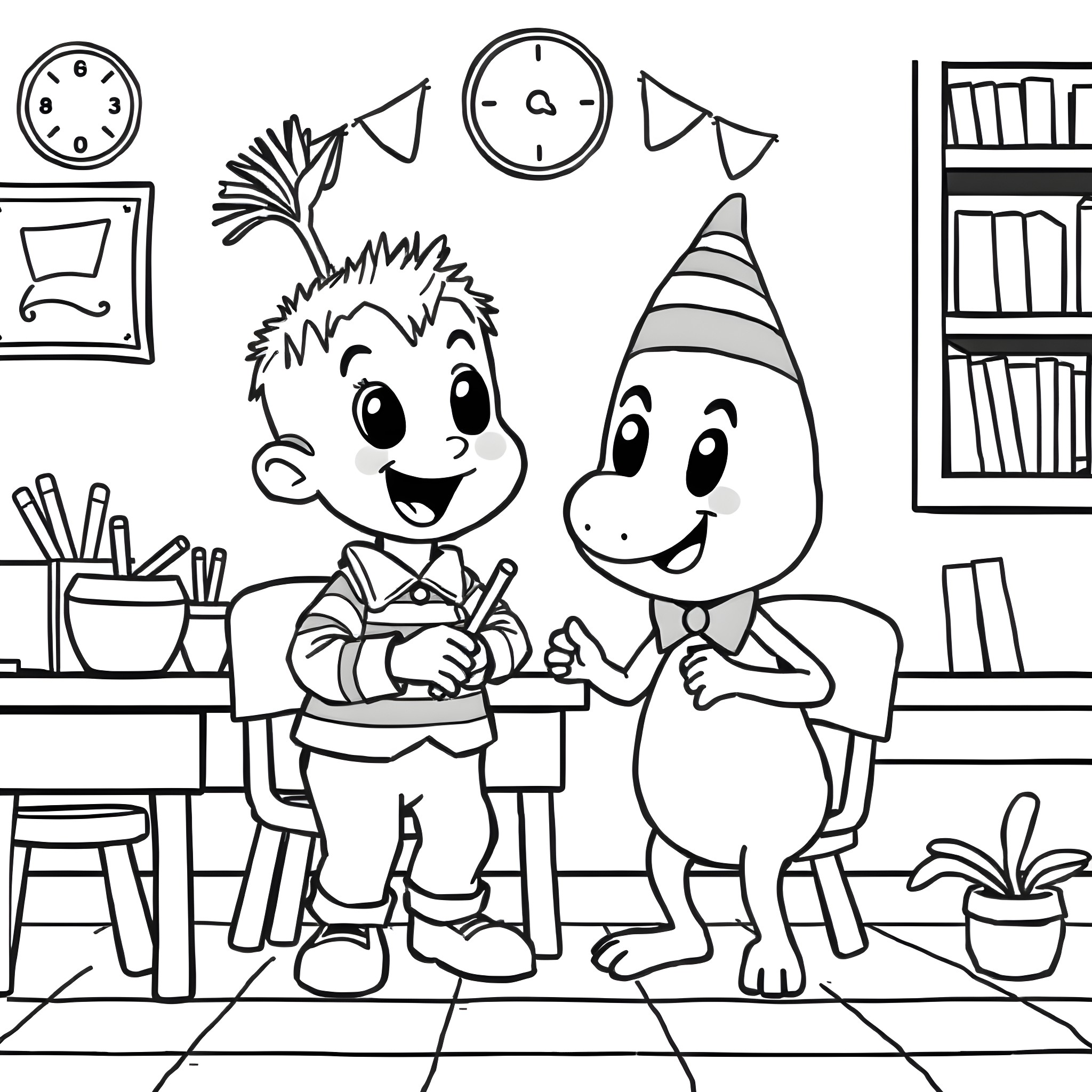 Sprunki having fun with friends in the classroom Coloring Page (free black-and-white line drawing printable PDF for all, from beginners to advanced learners, including children, teens, adults, and seniors)