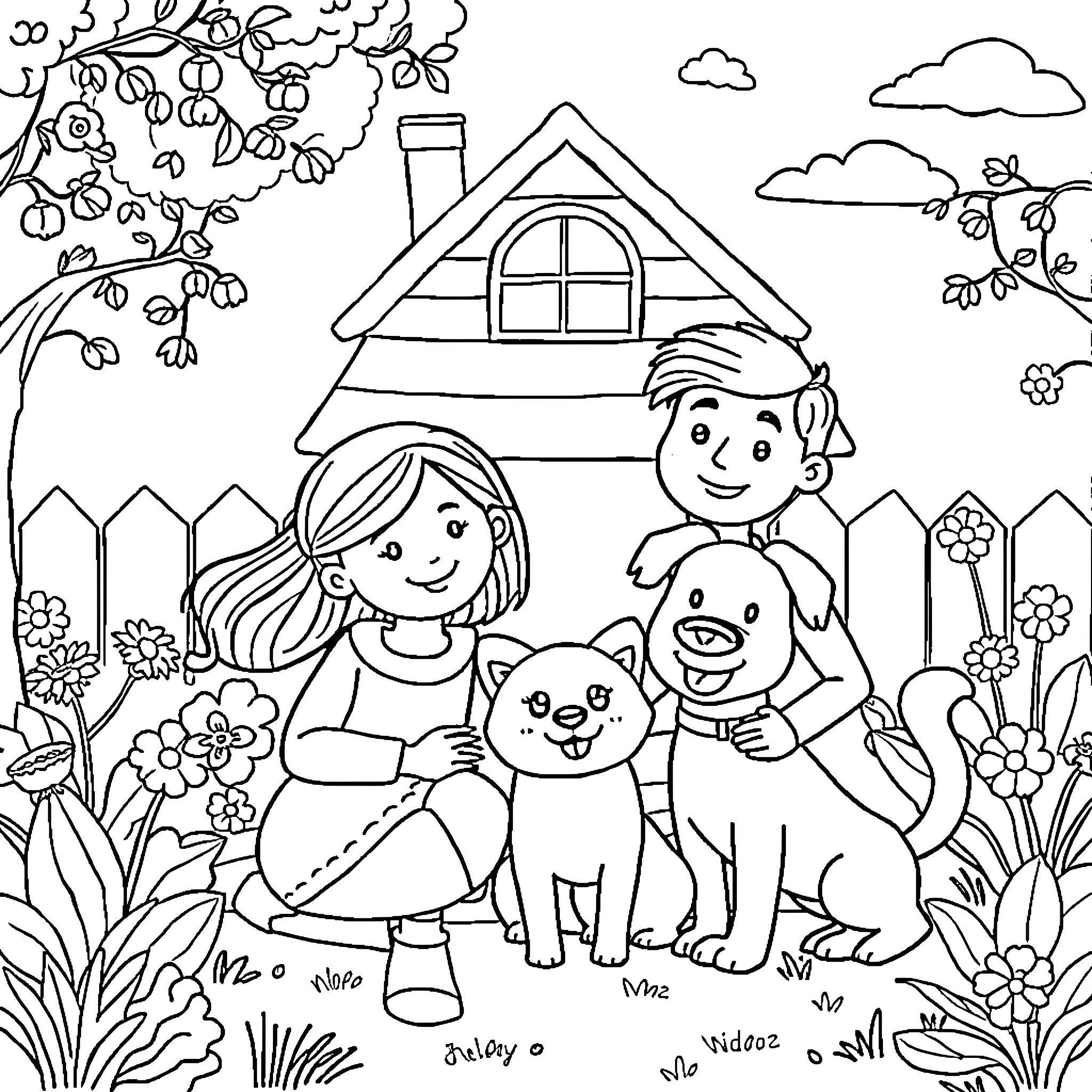 Family enjoying outdoor activities in the garden Coloring Page (free black-and-white line drawing printable PDF for all, from beginners to advanced learners, including children, teens, adults, and seniors)