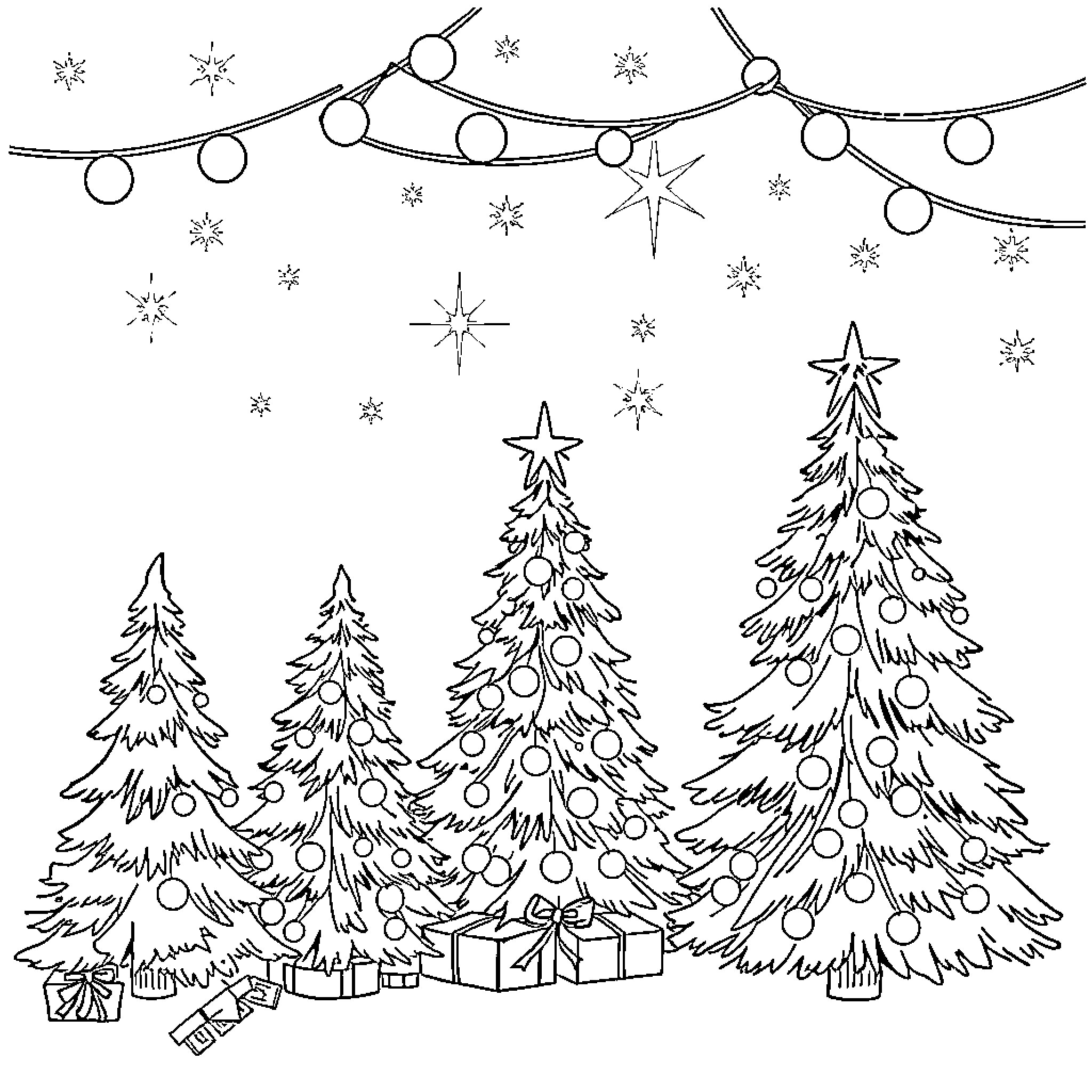 Christmas scene with decorated trees and lights Coloring Page (free black-and-white line drawing printable PDF for all, from beginners to advanced learners, including children, teens, adults, and seniors)