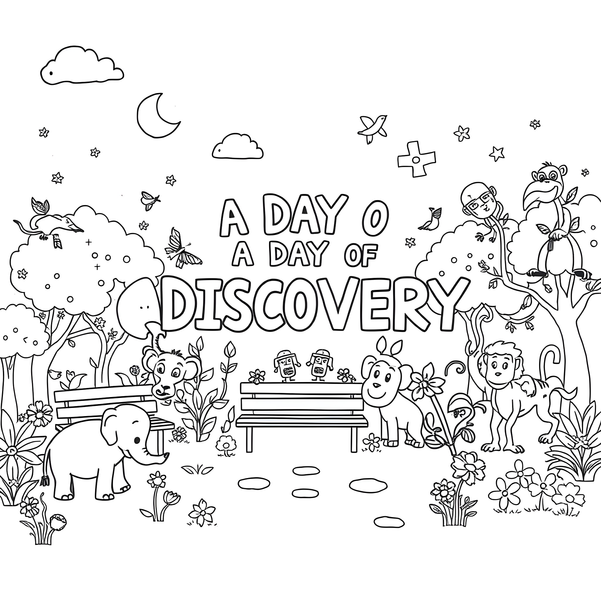 Zoo of magical creatures for a day of discovery Coloring Page (free black-and-white line drawing printable PDF for all, from beginners to advanced learners, including children, teens, adults, and seniors)
