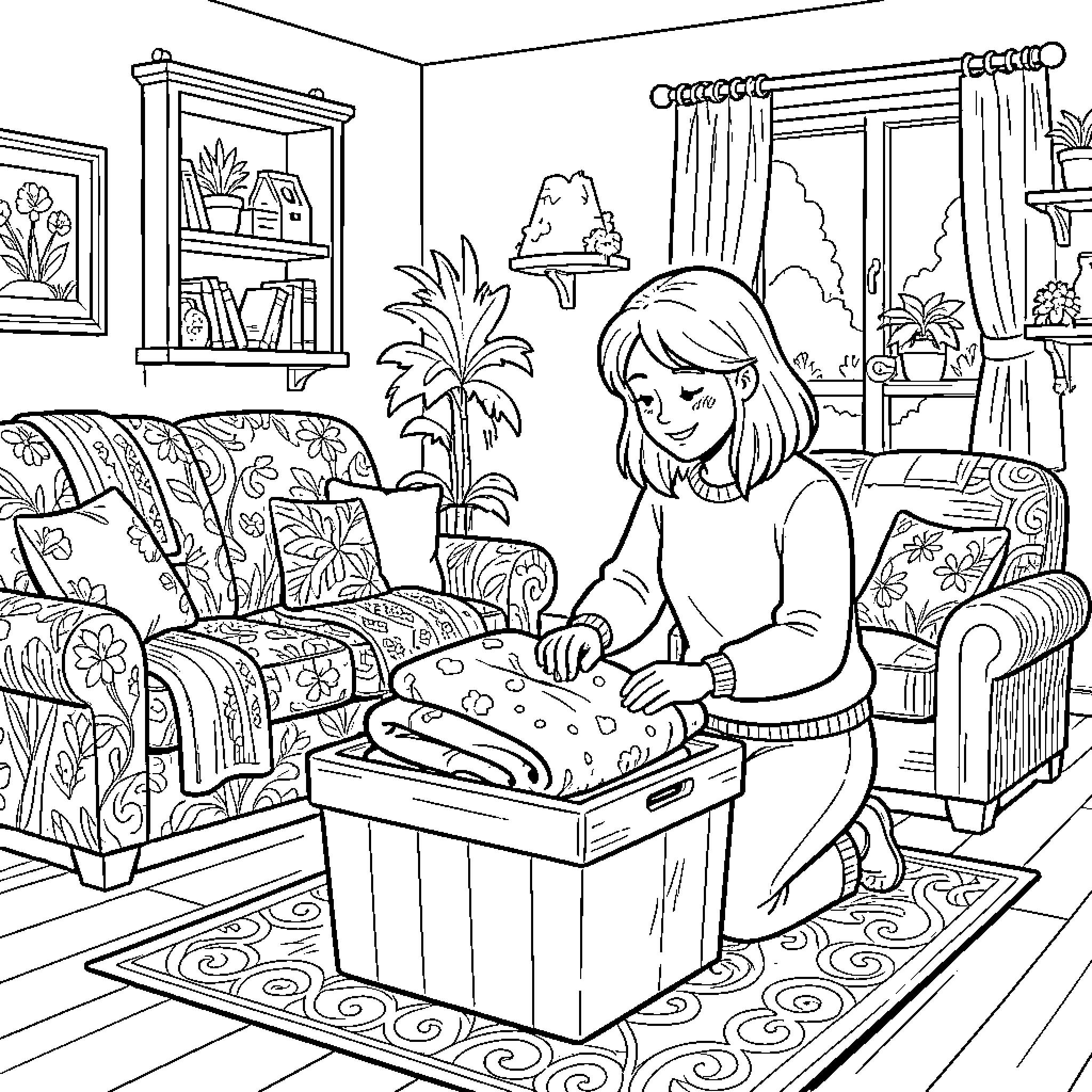 Friend enjoying a cozy day at home Coloring Page (free black-and-white line drawing printable PDF for all, from beginners to advanced learners, including children, teens, adults, and seniors)