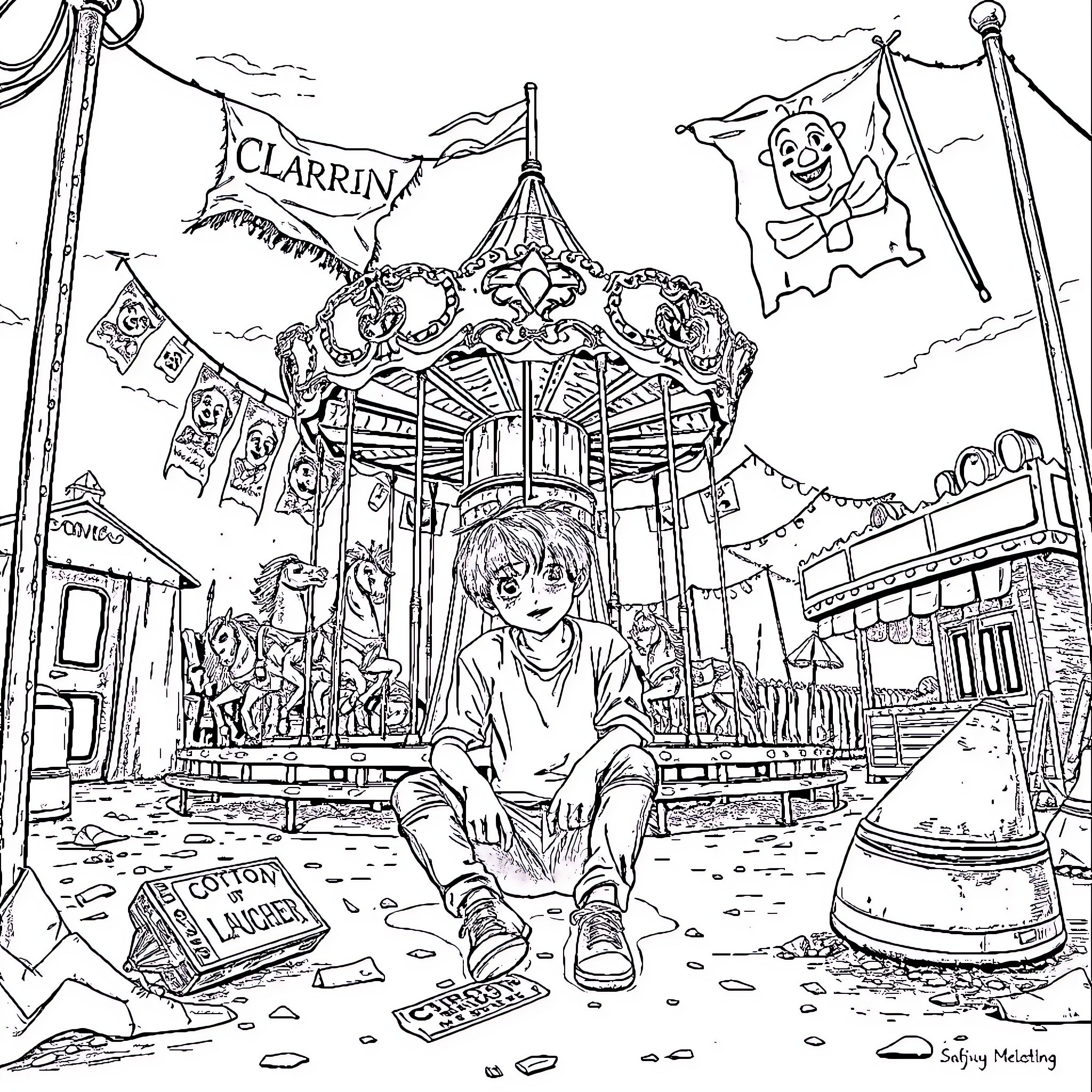 Boy sitting alone at a carnival amusement park Coloring Page (free black-and-white line drawing printable PDF for all, from beginners to advanced learners, including children, teens, adults, and seniors)