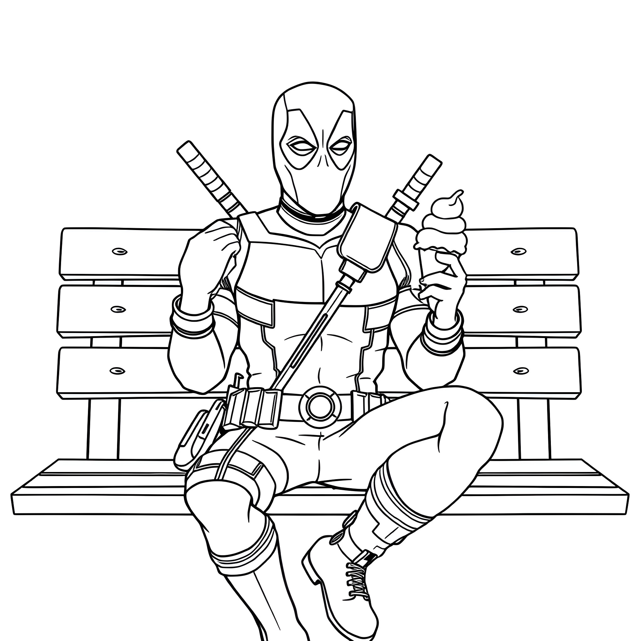 Deadpool sitting on a bench with weapons Coloring Page (free black-and-white line drawing printable PDF for all, from beginners to advanced learners, including children, teens, adults, and seniors)