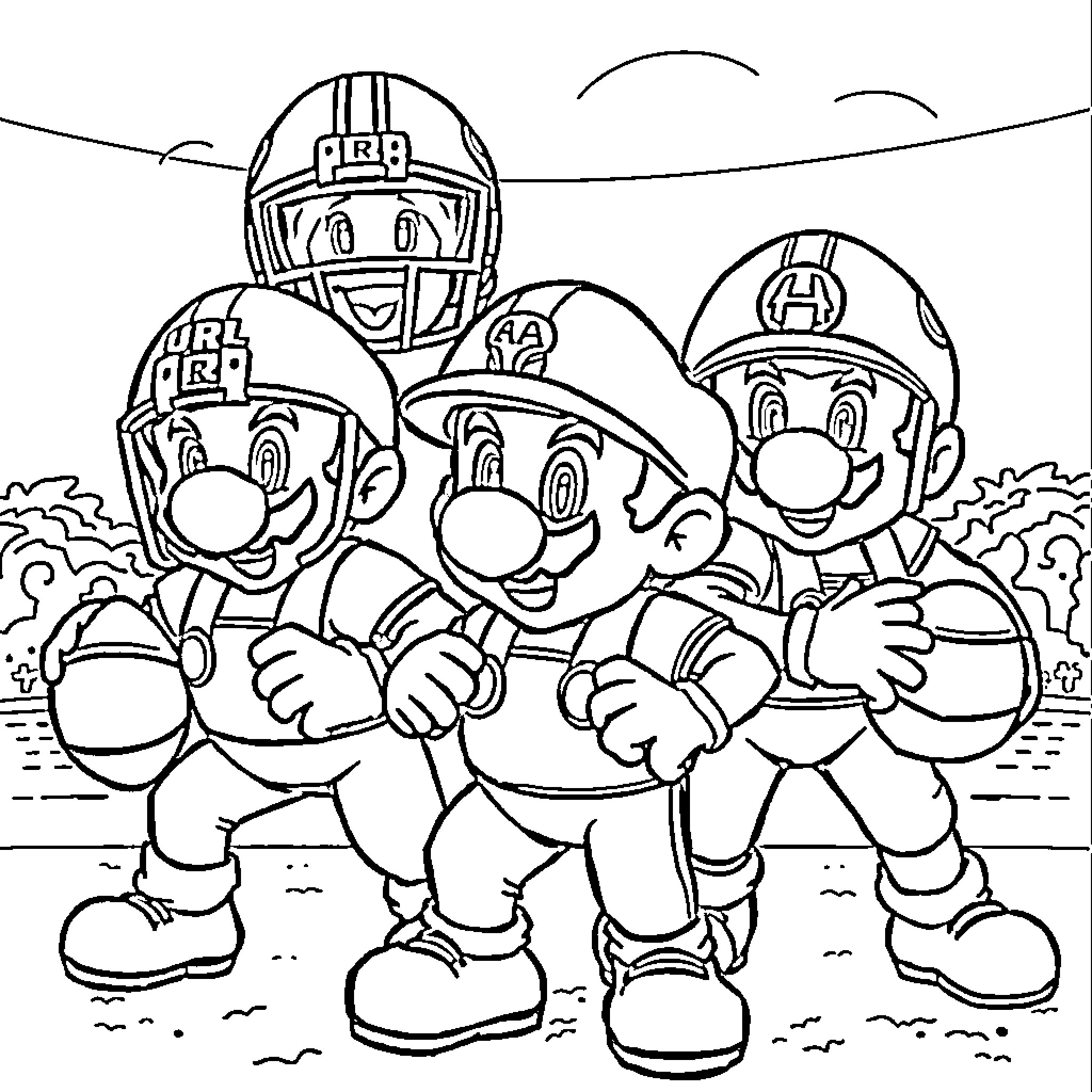 Mario and friends playing football in the field Coloring Page (free black-and-white line drawing printable PDF for all, from beginners to advanced learners, including children, teens, adults, and seniors)