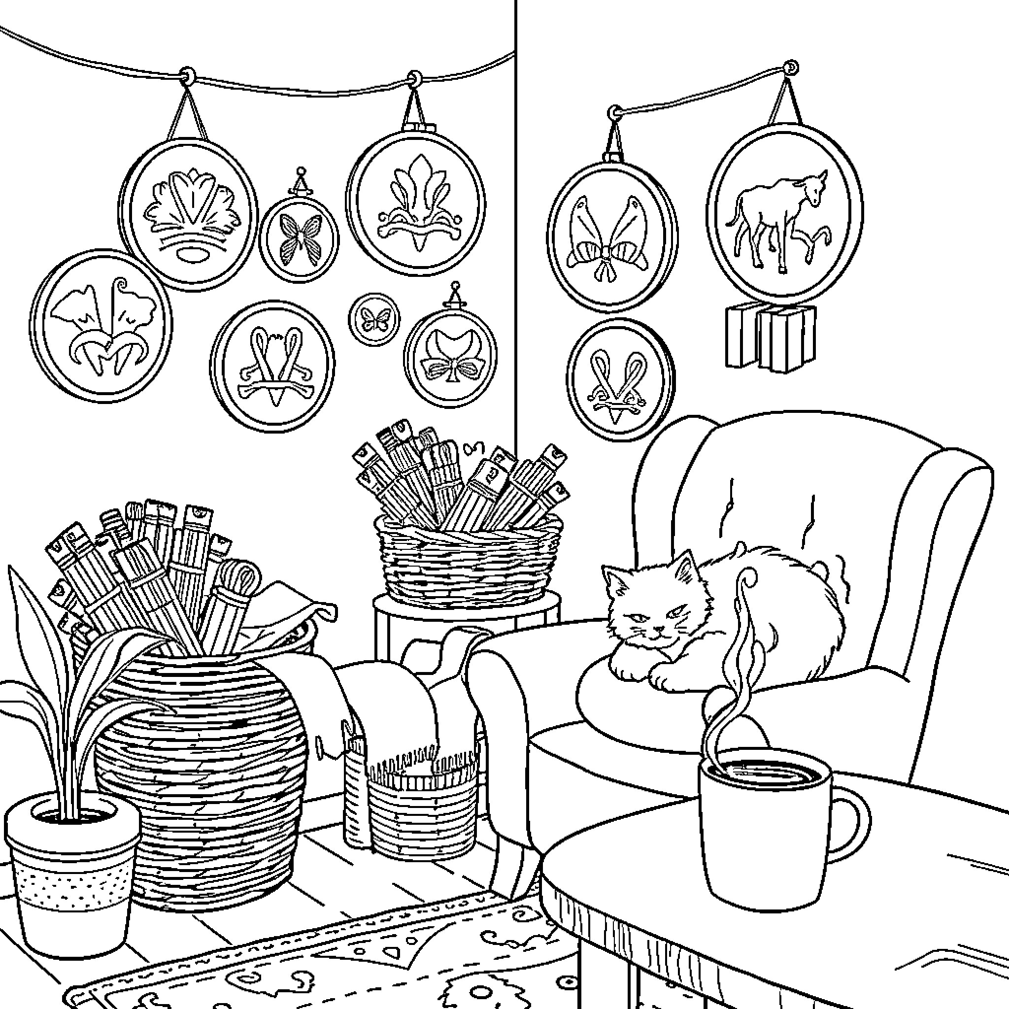 Cat relaxing in cozy home setting Coloring Page (free black-and-white line drawing printable PDF for all, from beginners to advanced learners, including children, teens, adults, and seniors)