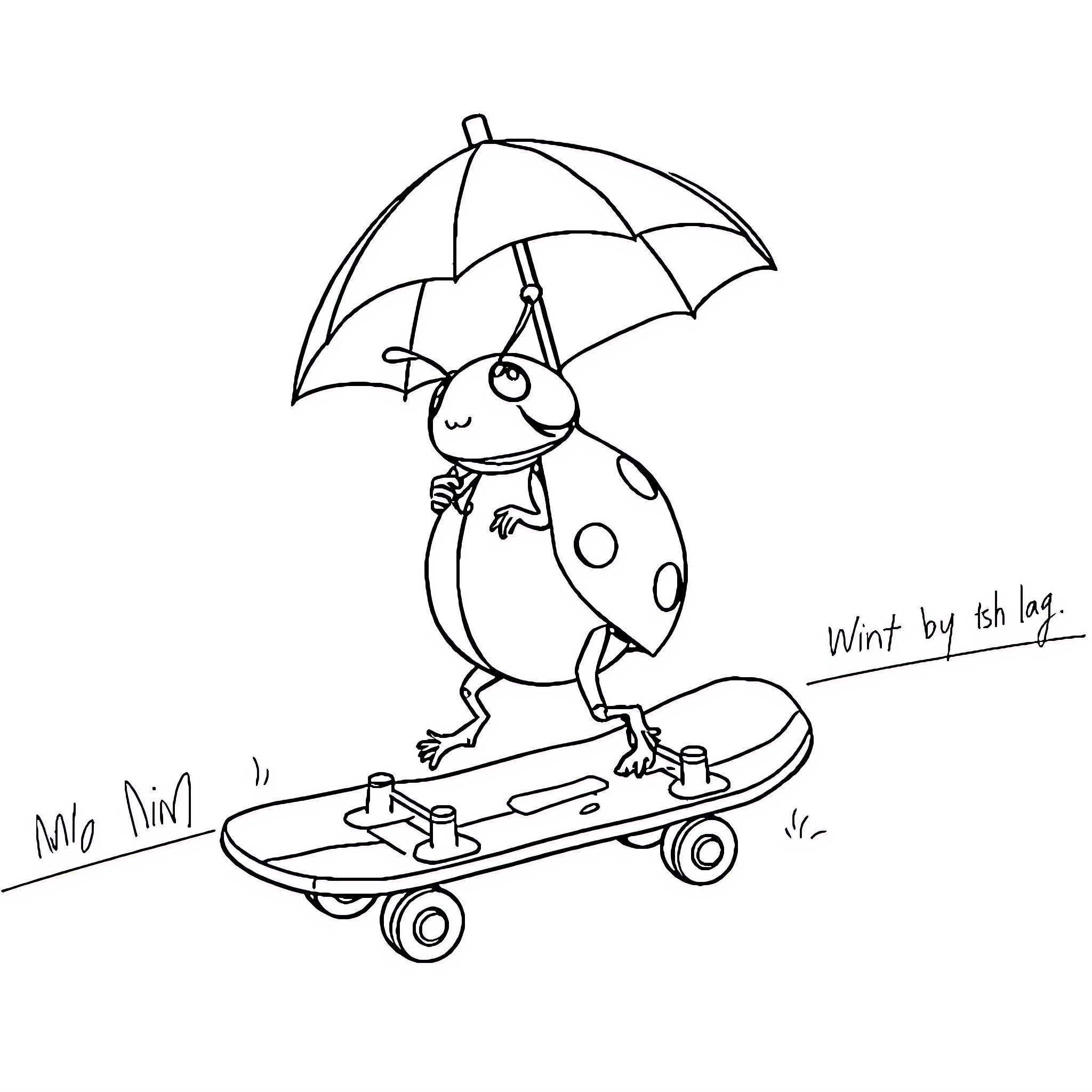 Ladybug skateboarding with umbrella in rainy weather Coloring Page (free black-and-white line drawing printable PDF for all, from beginners to advanced learners, including children, teens, adults, and seniors)