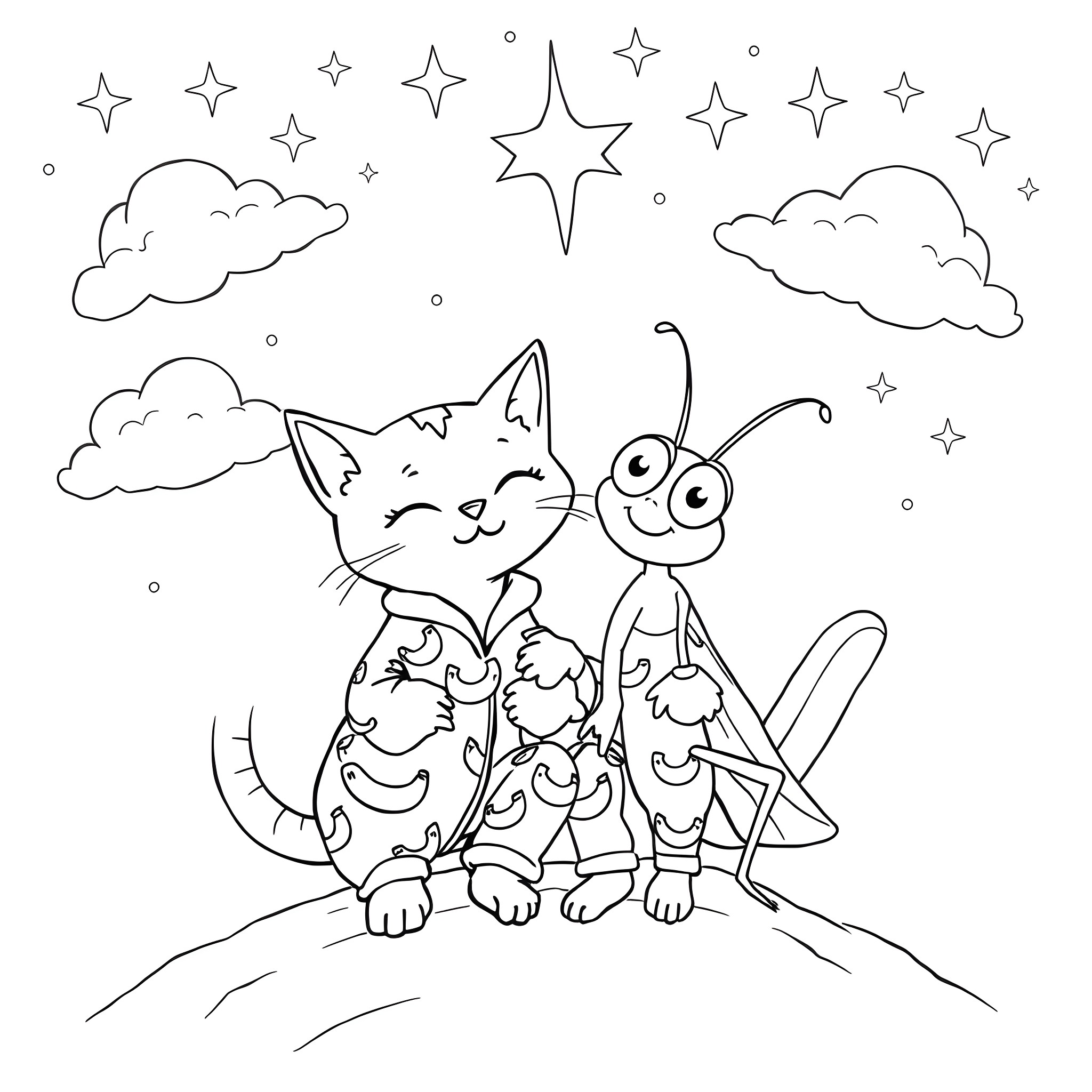 Genie Cat and Firefly Friend in the Starry Night Coloring Page (free black-and-white line drawing printable PDF for all, from beginners to advanced learners, including children, teens, adults, and seniors)