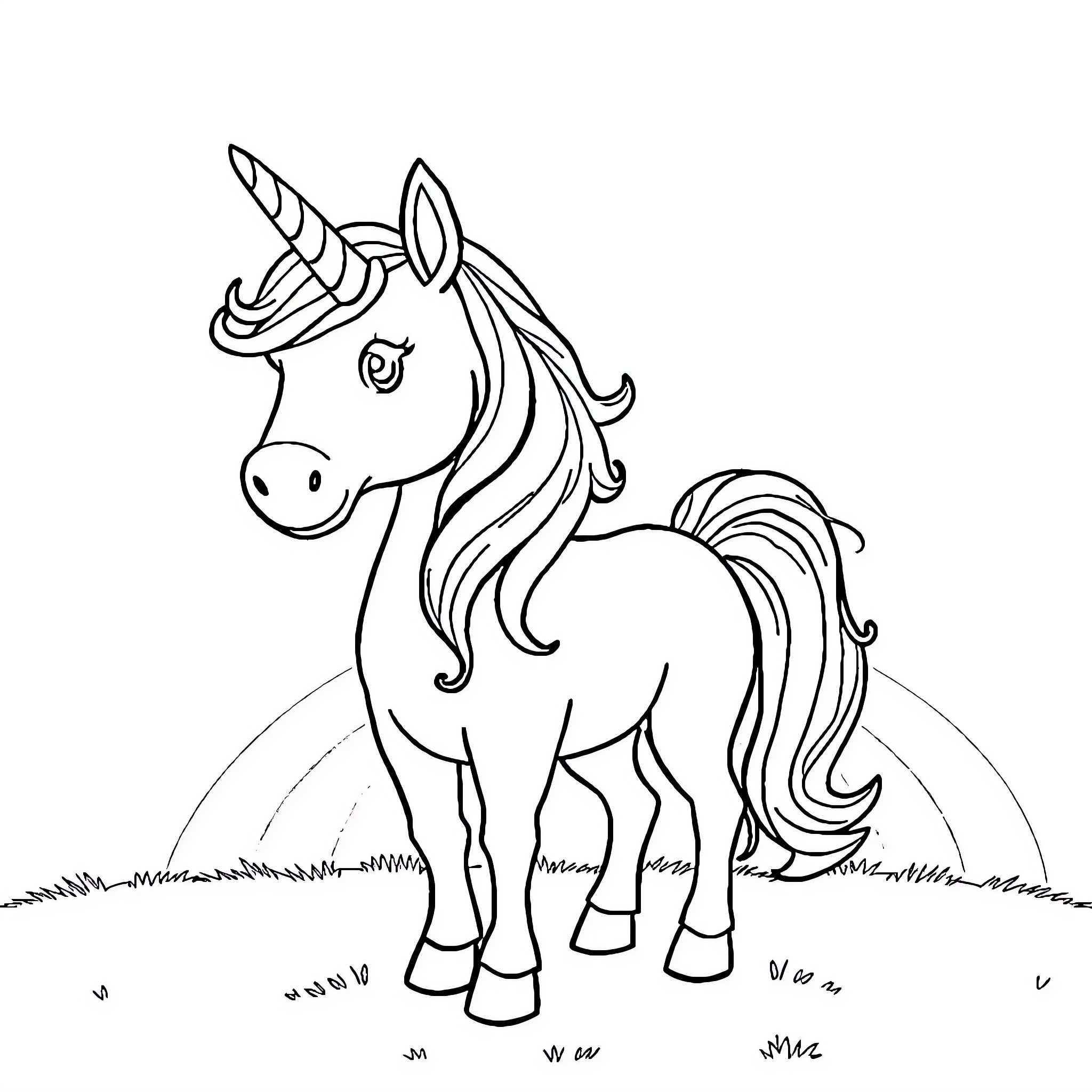 Unicorn standing in a grassy field Coloring Page (free black-and-white line drawing printable PDF for all, from beginners to advanced learners, including children, teens, adults, and seniors)
