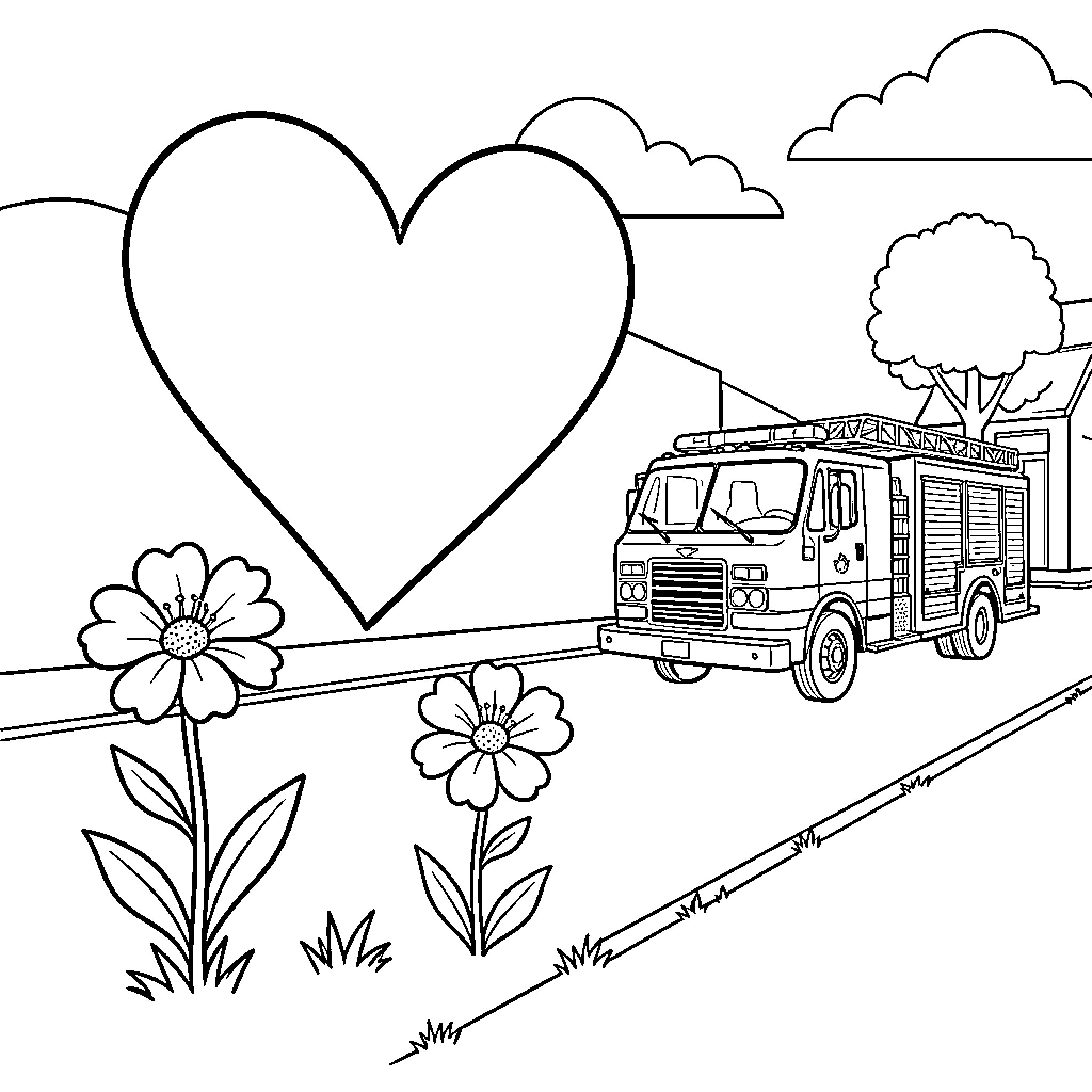 Heart shaped balloon floating above a fire truck Coloring Page (free black-and-white line drawing printable PDF for all, from beginners to advanced learners, including children, teens, adults, and seniors)