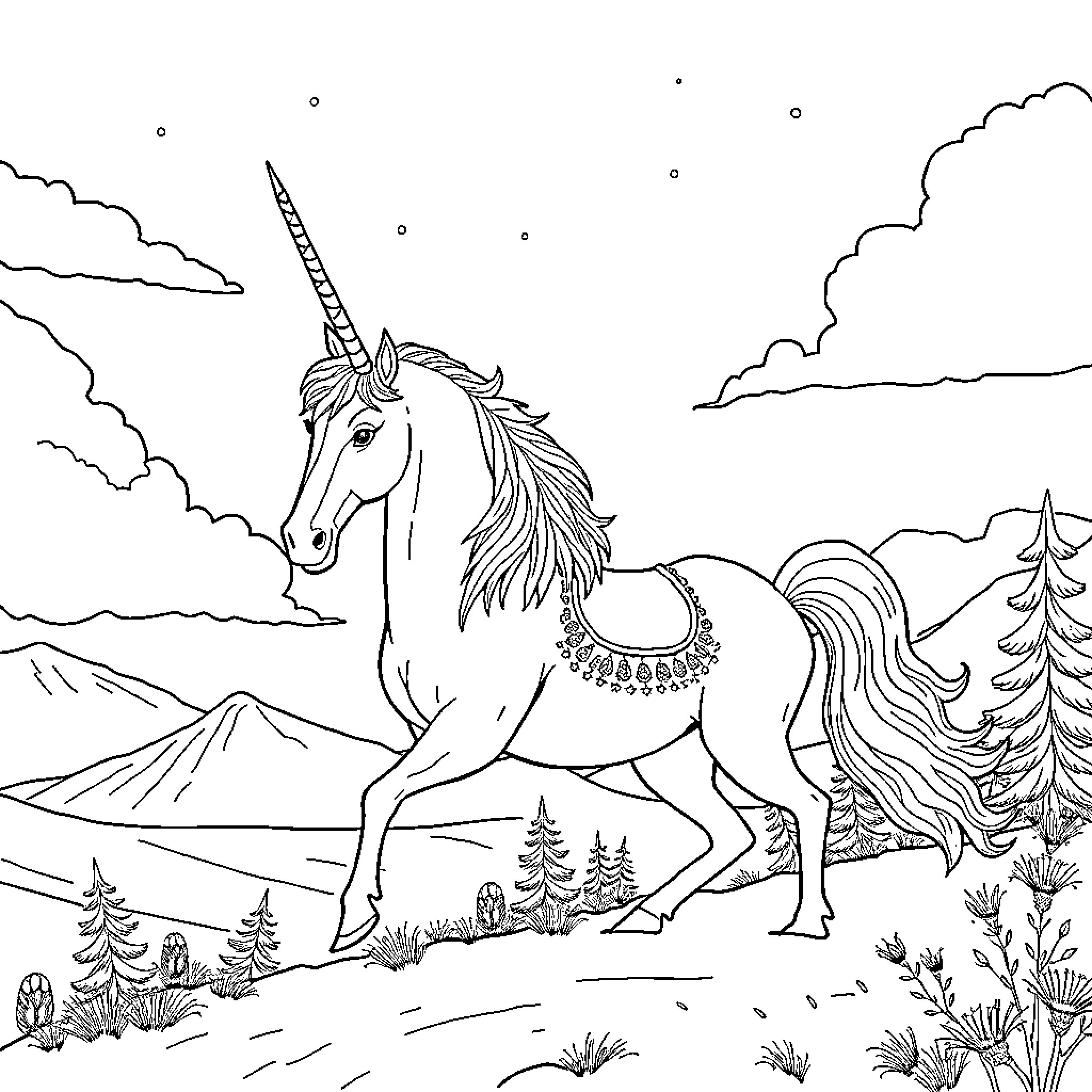 Snow Queen's Majestic Unicorn in Winter Wonderland Coloring Page (free black-and-white line drawing printable PDF for all, from beginners to advanced learners, including children, teens, adults, and seniors)