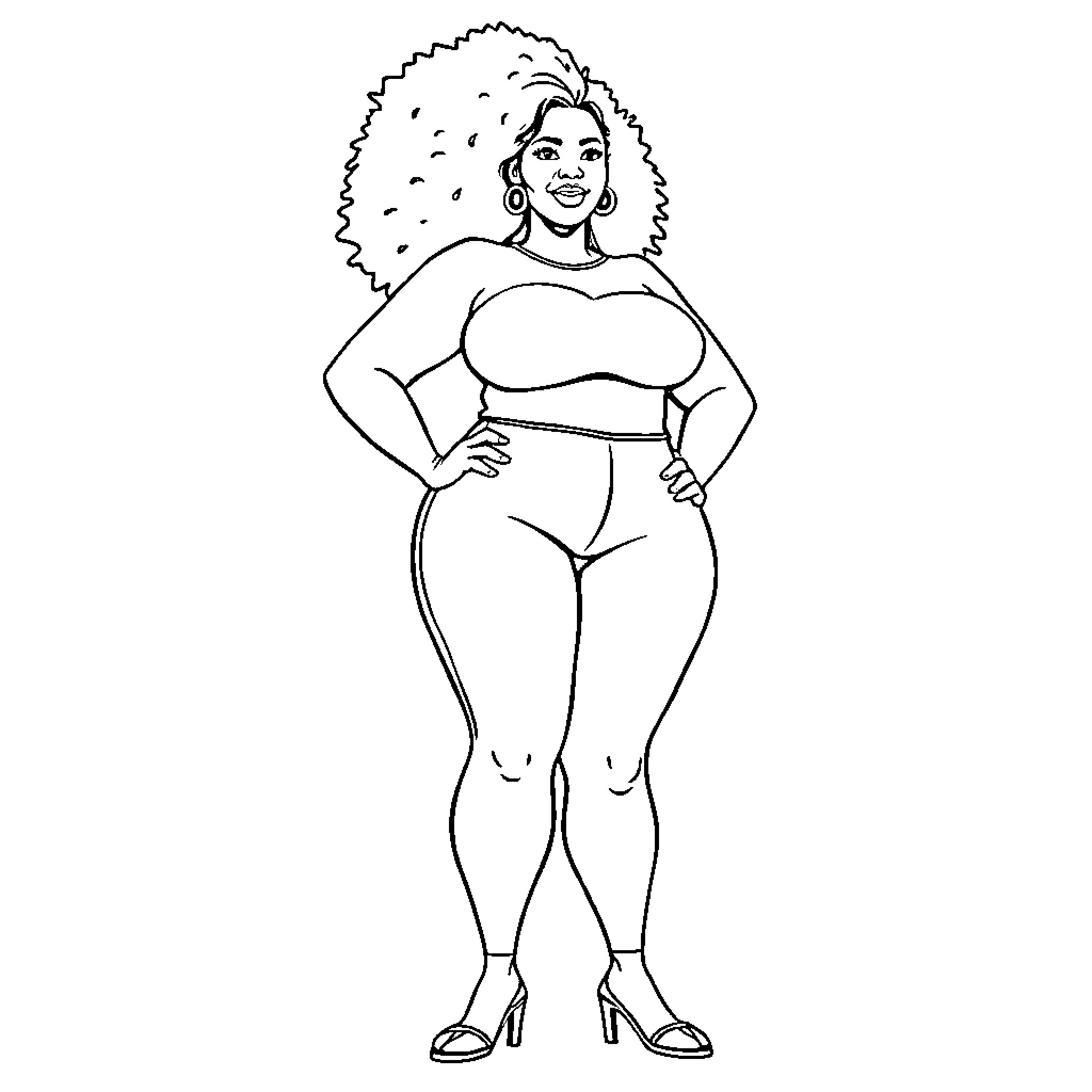 Woman in confident pose with curly hair Coloring Page (free black-and-white line drawing printable PDF for all, from beginners to advanced learners, including children, teens, adults, and seniors)