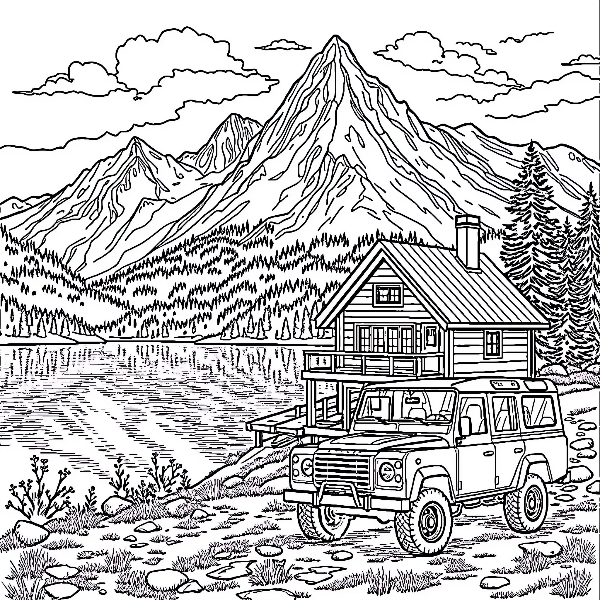 Range Rover Exploring the Rugged Mountain Landscape Coloring Page (free black-and-white line drawing printable PDF for all, from beginners to advanced learners, including children, teens, adults, and seniors)
