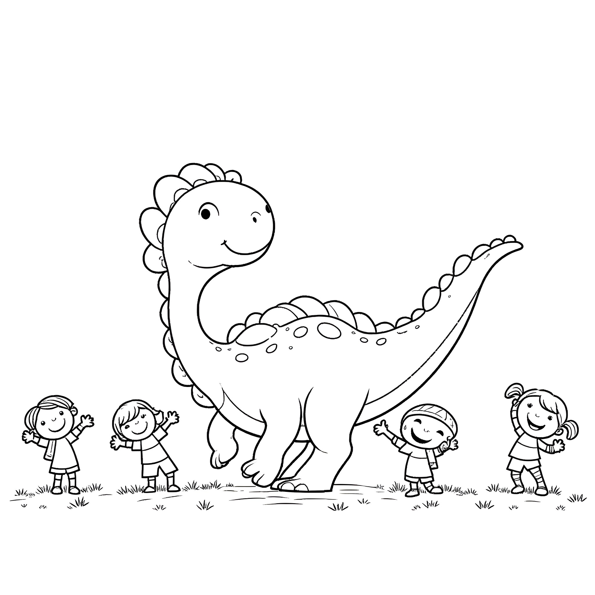Dinosaur cheerfully interacting with children in the field Coloring Page (free black-and-white line drawing printable PDF for all, from beginners to advanced learners, including children, teens, adults, and seniors)