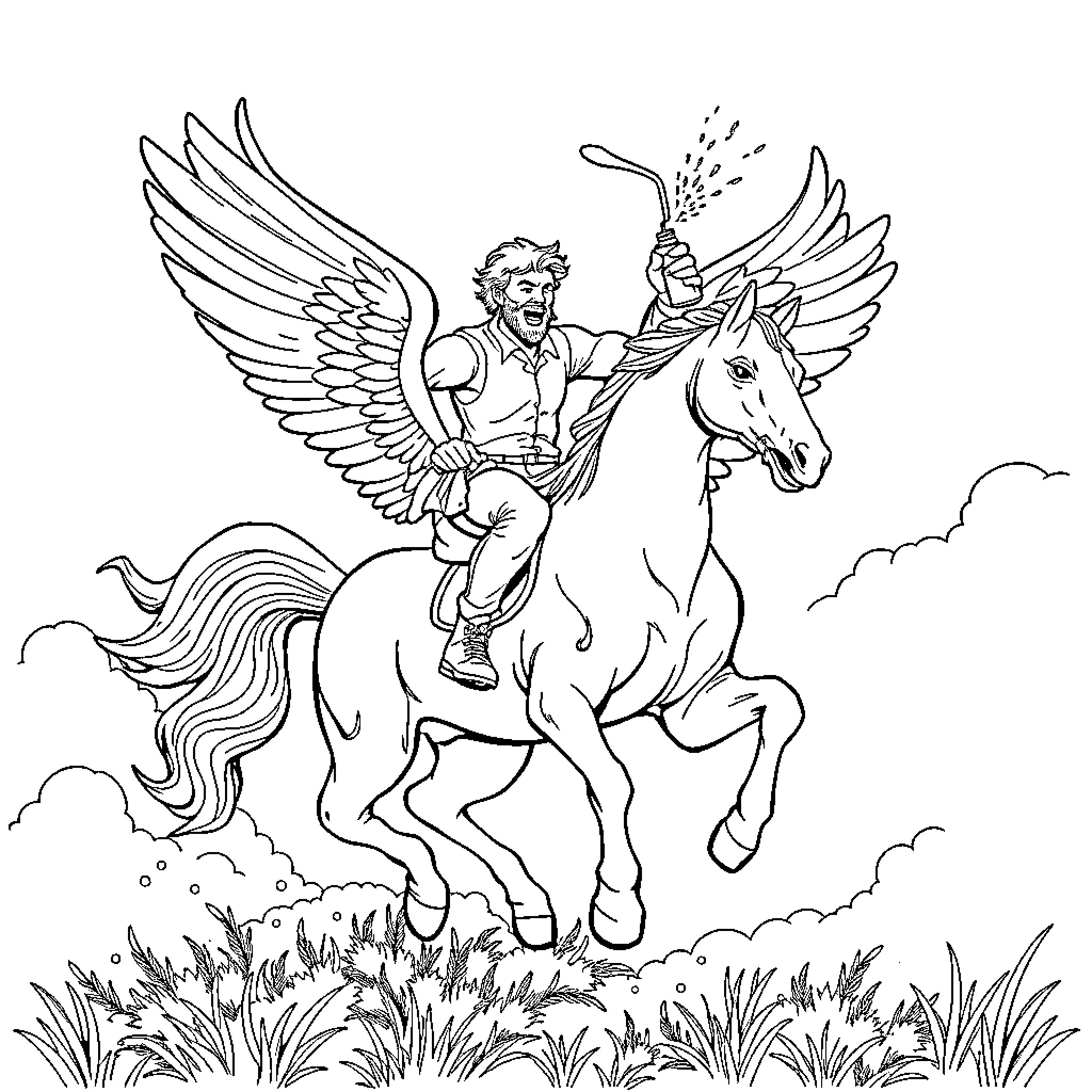 Man riding winged horse through grassy field Coloring Page (free black-and-white line drawing printable PDF for all, from beginners to advanced learners, including children, teens, adults, and seniors)