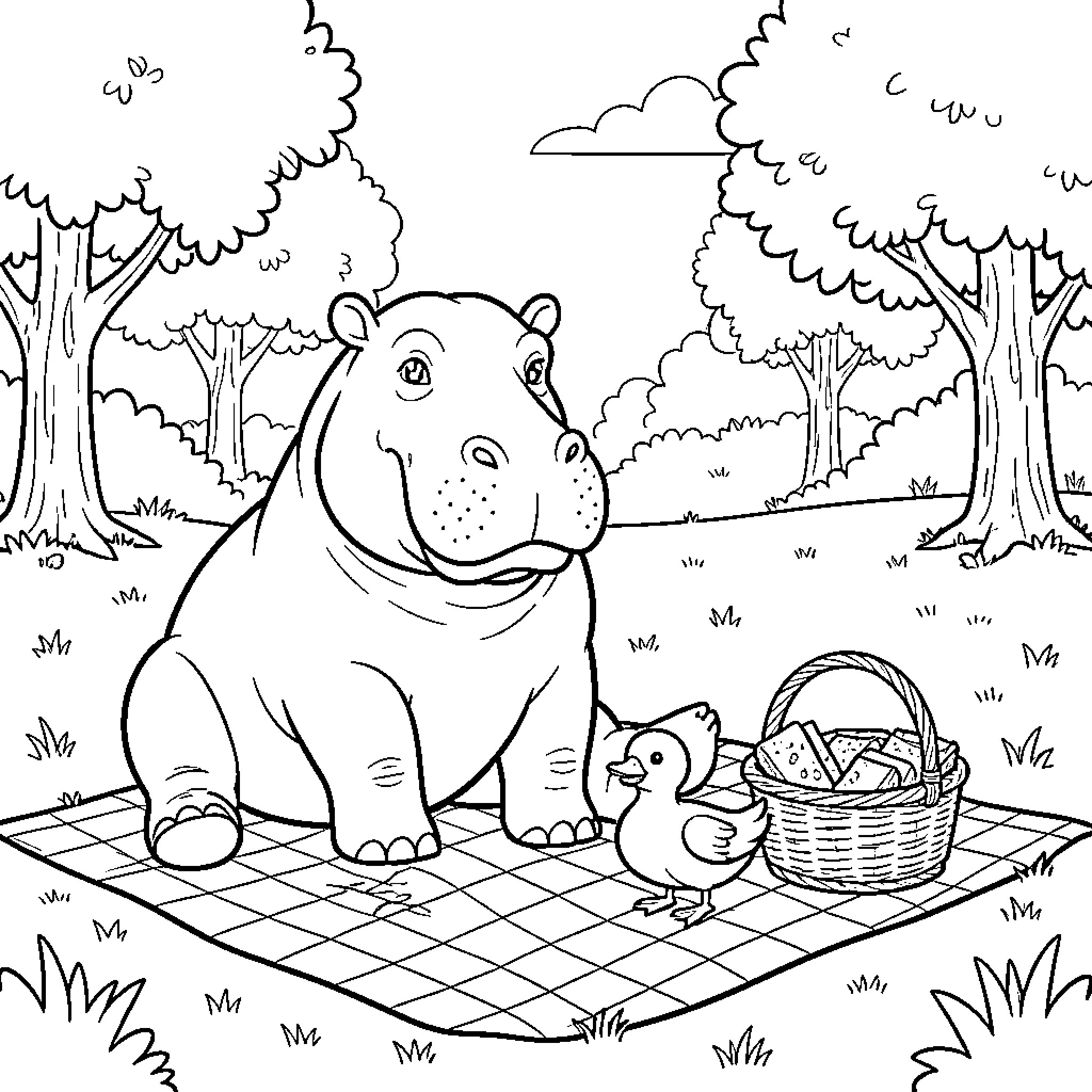Hippo and Duck having a picnic on a checkered blanket in the park Coloring Page (free black-and-white line drawing printable PDF for all, from beginners to advanced learners, including children, teens, adults, and seniors)