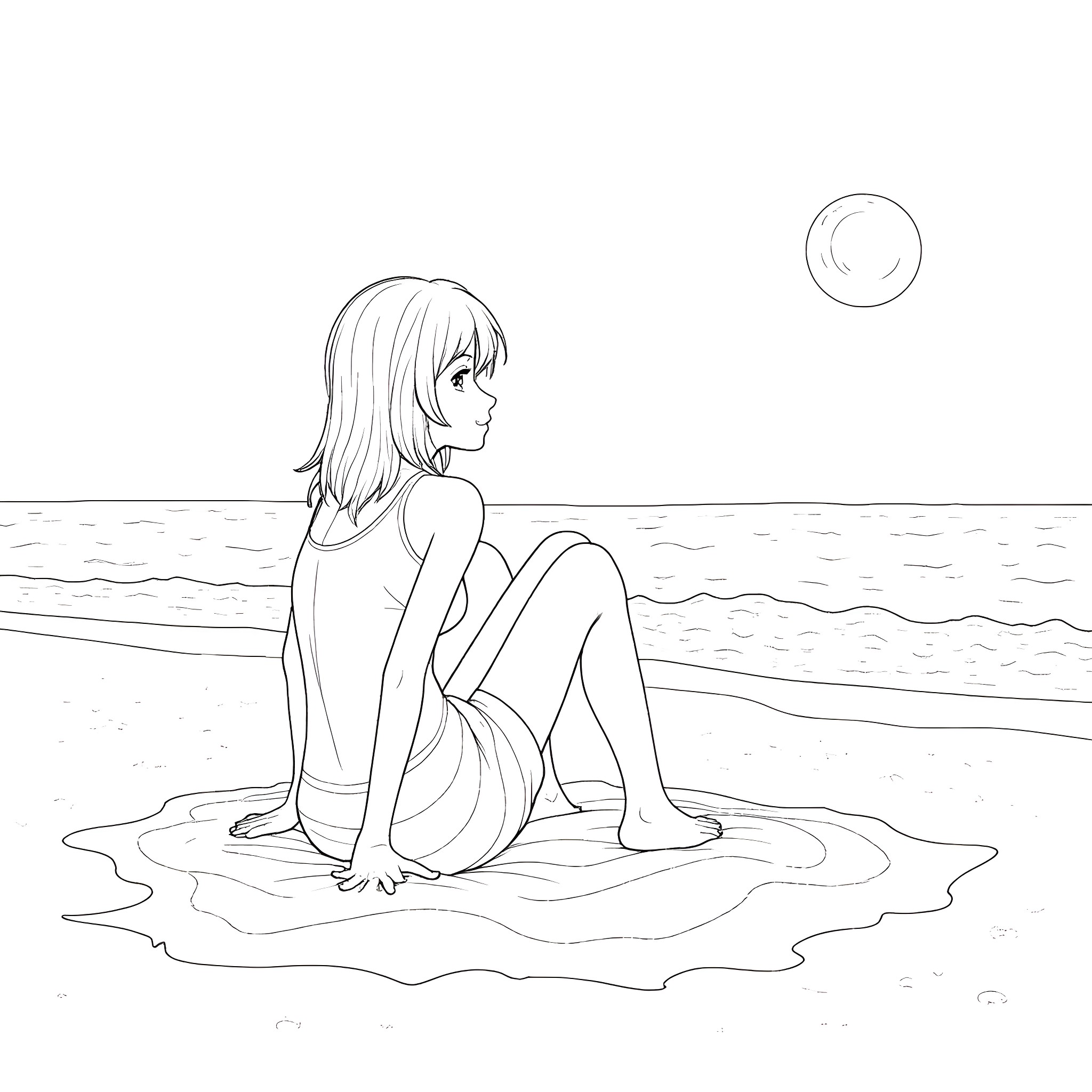 Hinata enjoying a peaceful moment by the sea Coloring Page (free black-and-white line drawing printable PDF for all, from beginners to advanced learners, including children, teens, adults, and seniors)