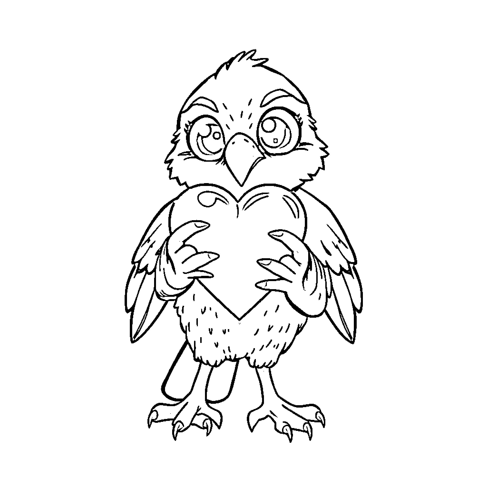 Falcon holding a heart-shaped object Coloring Page (free black-and-white line drawing printable PDF for all, from beginners to advanced learners, including children, teens, adults, and seniors)