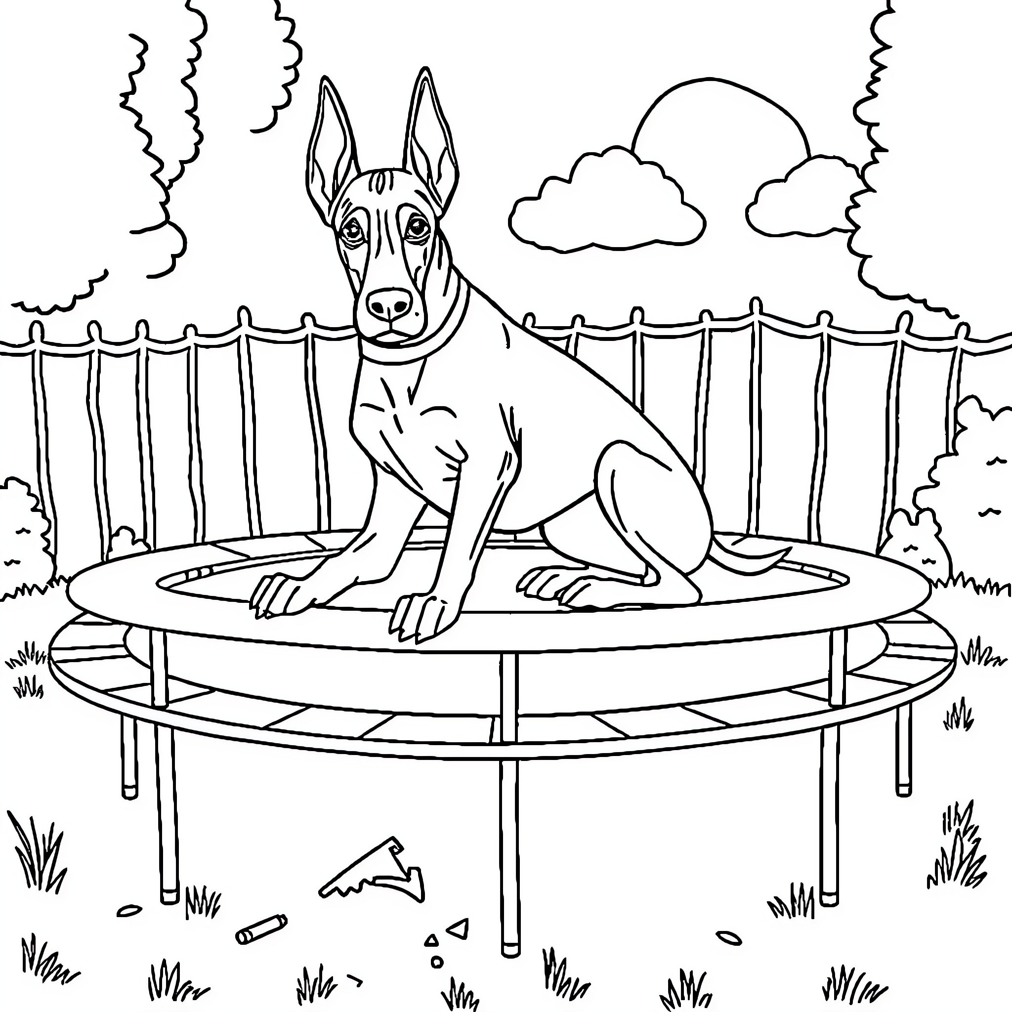 Doberman sitting on a trampoline in a backyard Coloring Page (free black-and-white line drawing printable PDF for all, from beginners to advanced learners, including children, teens, adults, and seniors)