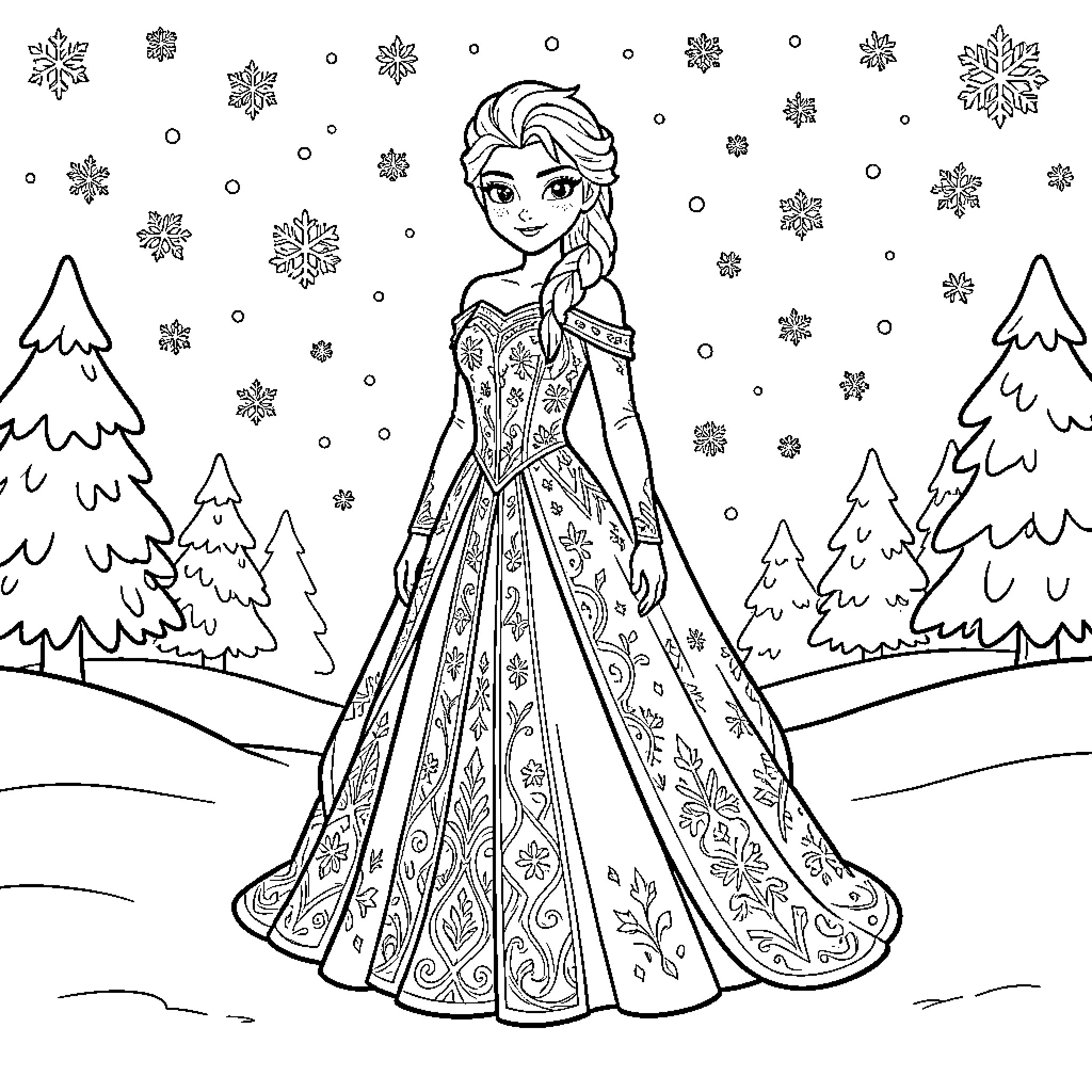 Elsa posing in a decorated gown amidst falling snowflakes Coloring Page (free black-and-white line drawing printable PDF for all, from beginners to advanced learners, including children, teens, adults, and seniors)