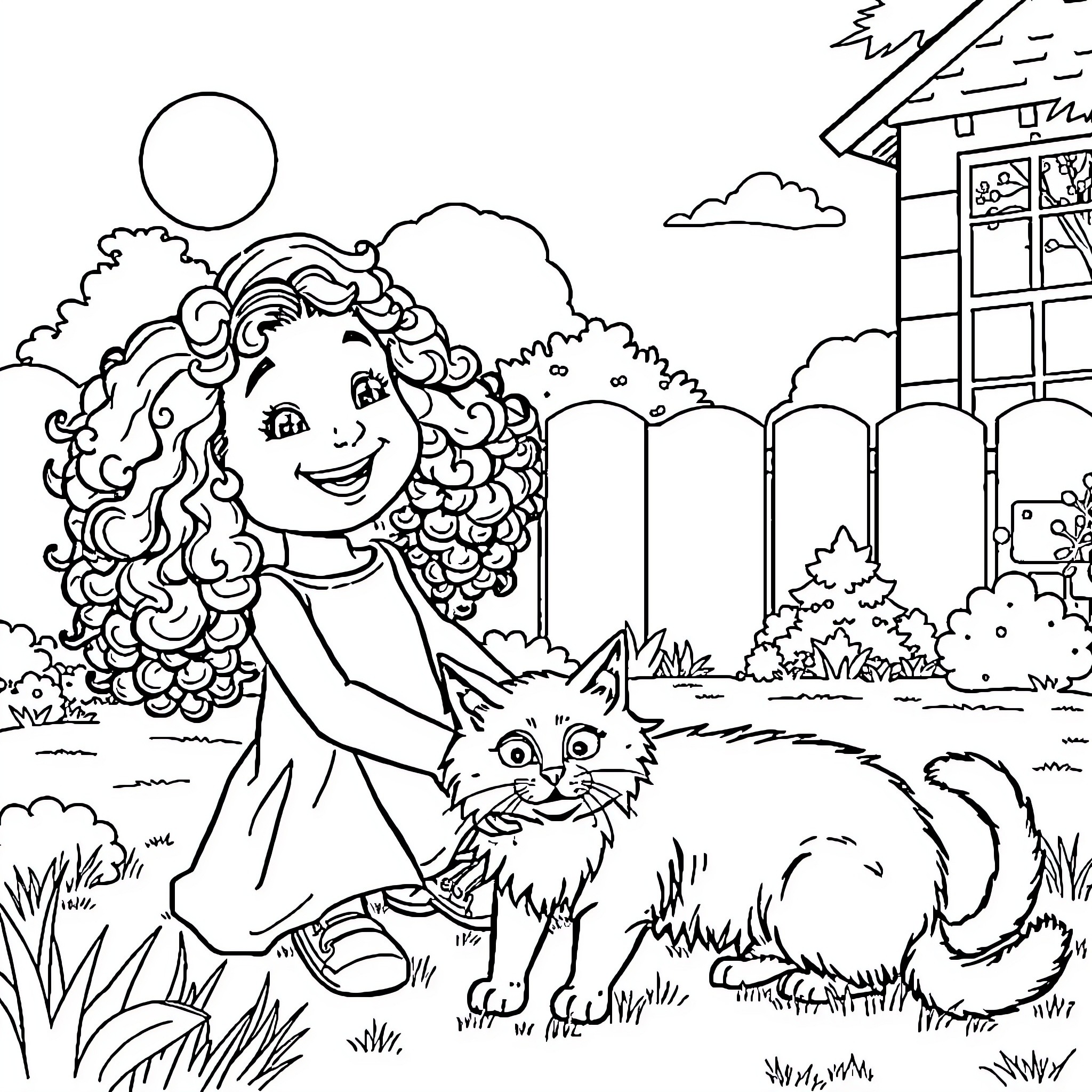 Girl Happily Petting Fluffy Cat in Scenic Outdoor Setting Coloring Page (free black-and-white line drawing printable PDF for all, from beginners to advanced learners, including children, teens, adults, and seniors)
