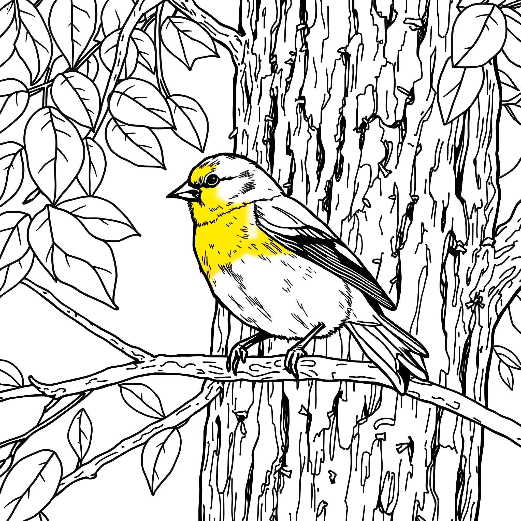 Goldfinch perched on a branch in a natural setting Coloring Page (free black-and-white line drawing printable PDF for all, from beginners to advanced learners, including children, teens, adults, and seniors)