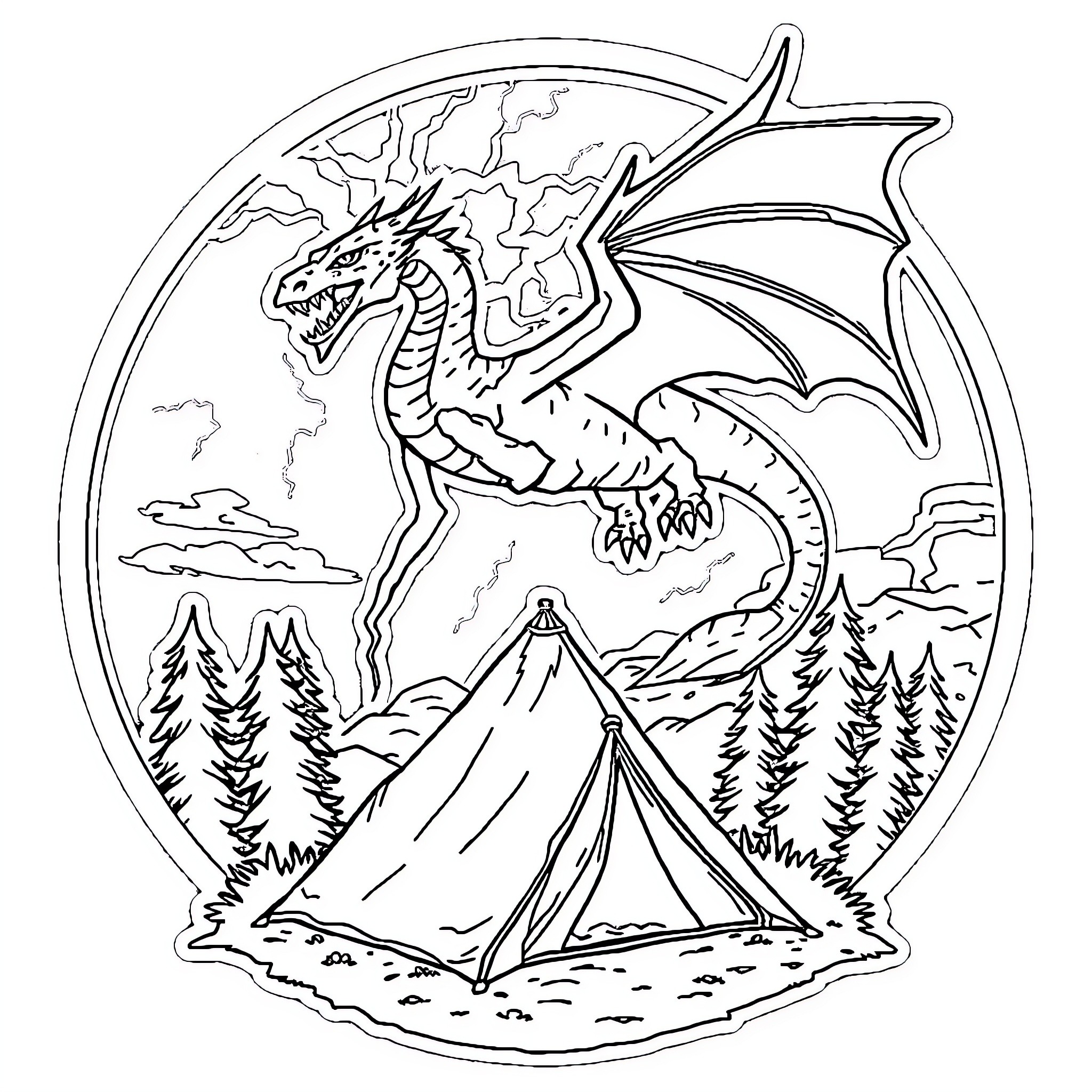 Dragon soaring over a scenic camping landscape Coloring Page (free black-and-white line drawing printable PDF for all, from beginners to advanced learners, including children, teens, adults, and seniors)
