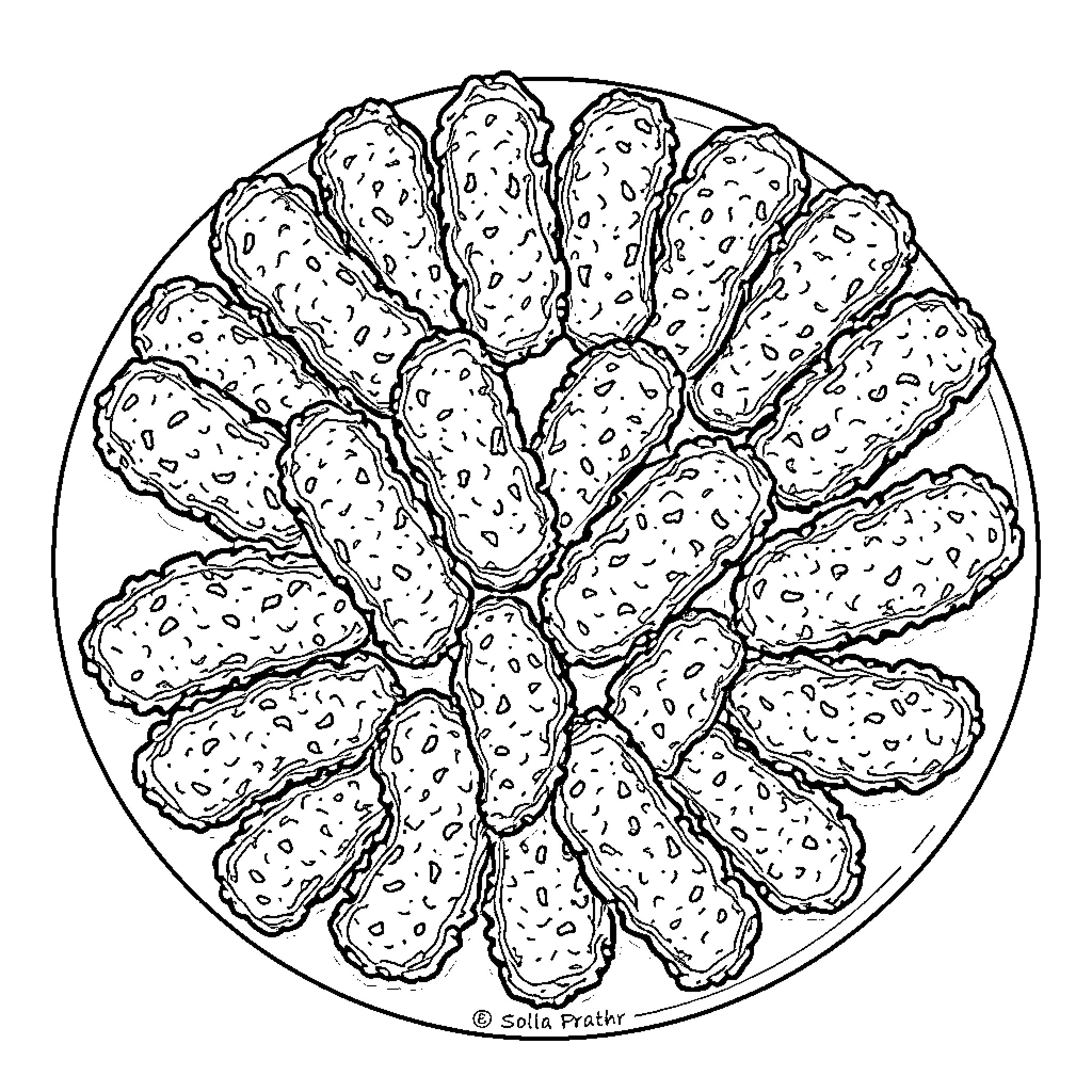 Chicken Sliced and Arranged on Plate Coloring Page (free black-and-white line drawing printable PDF for all, from beginners to advanced learners, including children, teens, adults, and seniors)